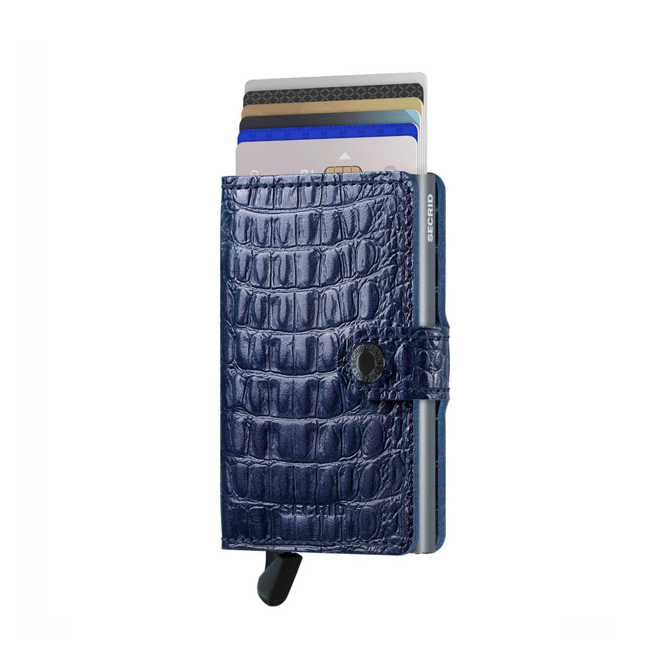 Secrid Miniwallet Nile│art. MN-BLUE│Pasjeshouder│voorkant met uitgeschoven pasjes en clip