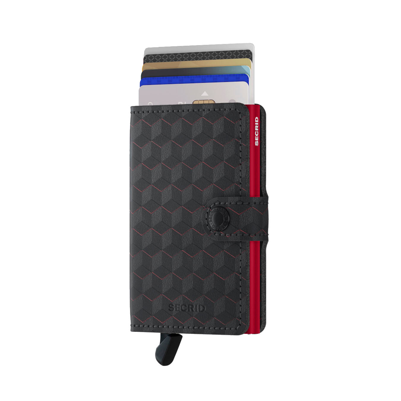 Secrid Miniwallet Optical│Pasjeshouder│MOP-BLACK-RED│voorkant met uitgeschoven pasjes en clip