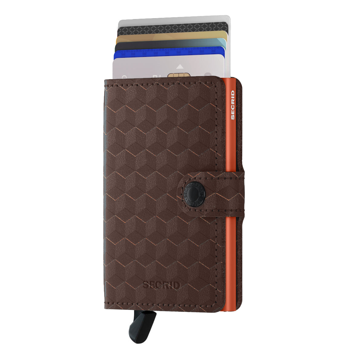 Secrid Miniwallet Optical│art. MOP-BROWN-ORANGE │Pasjeshouder en Portemonnee│voorkant met uitgeschoven kaarten