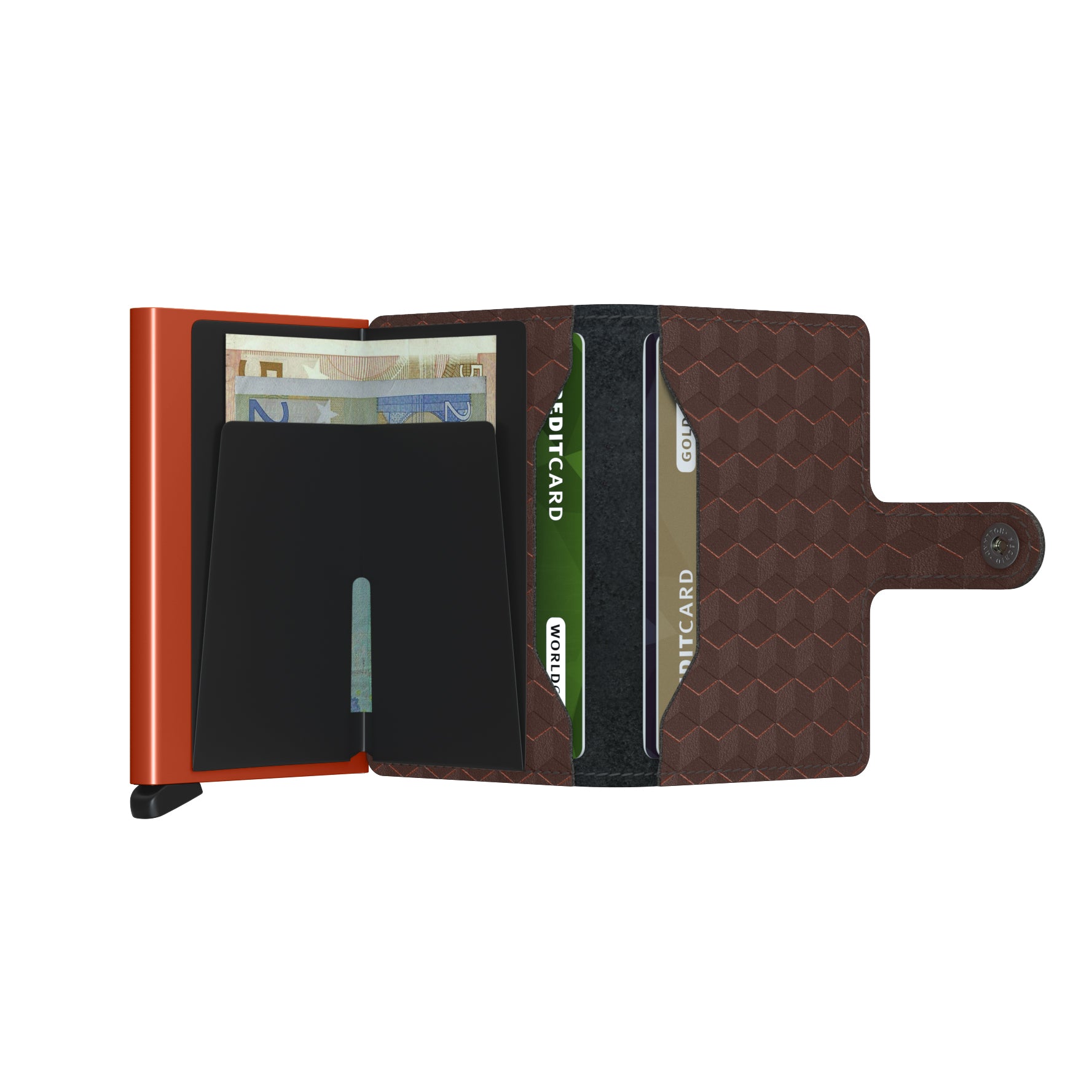 Secrid Miniwallet Optical│art. MOP-BROWN-ORANGE │Pasjeshouder en Portemonnee│geopend met contant geld