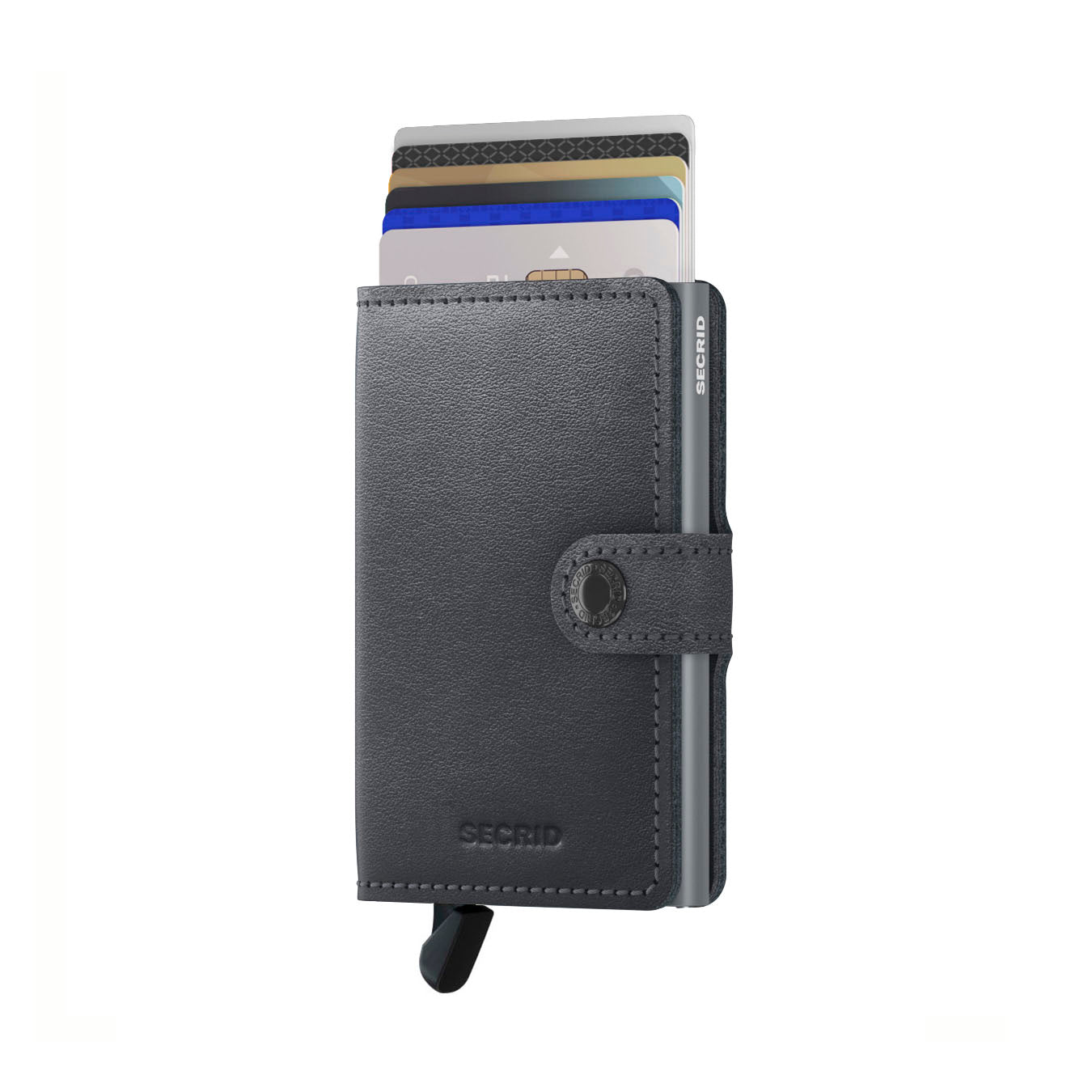 Secrid Miniwallet Original│Pasjeshouder│art. M-GREY│voorkant met uitgeschoven pasjes en clip