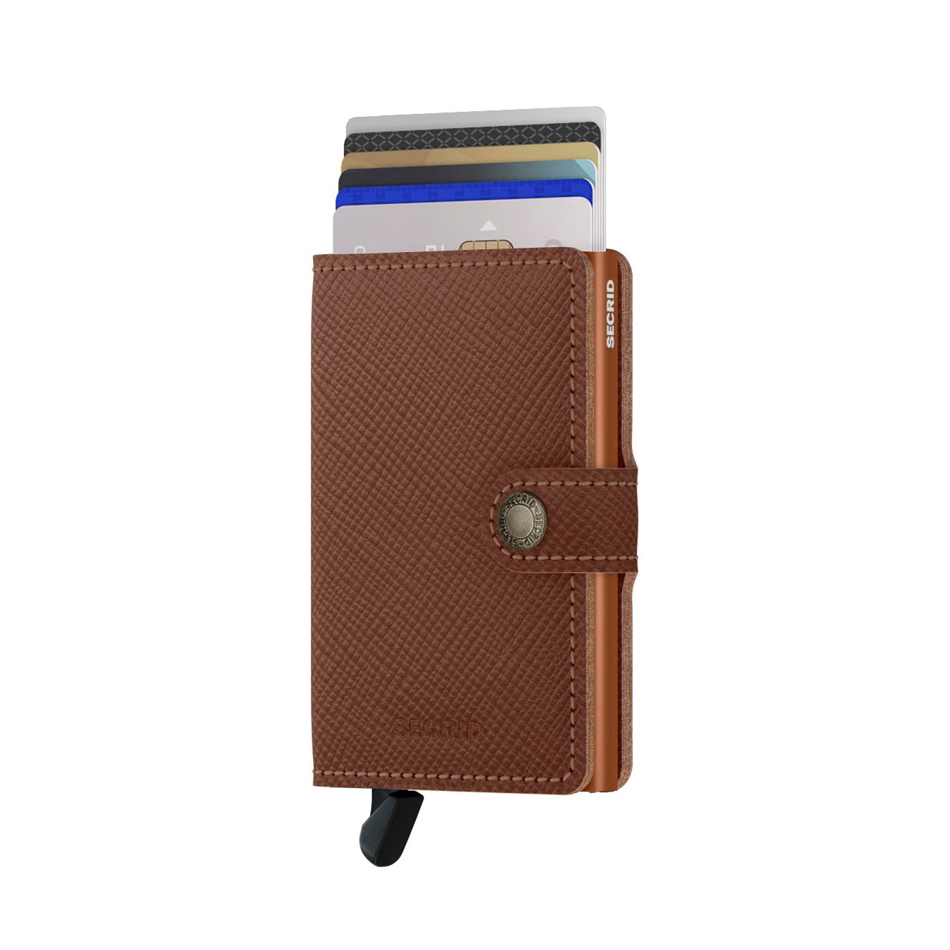 Secrid Miniwallet Saffiano│art. MSA-CARAMEL│Pasjeshouder│voorkant met uitgeschoven pasjes