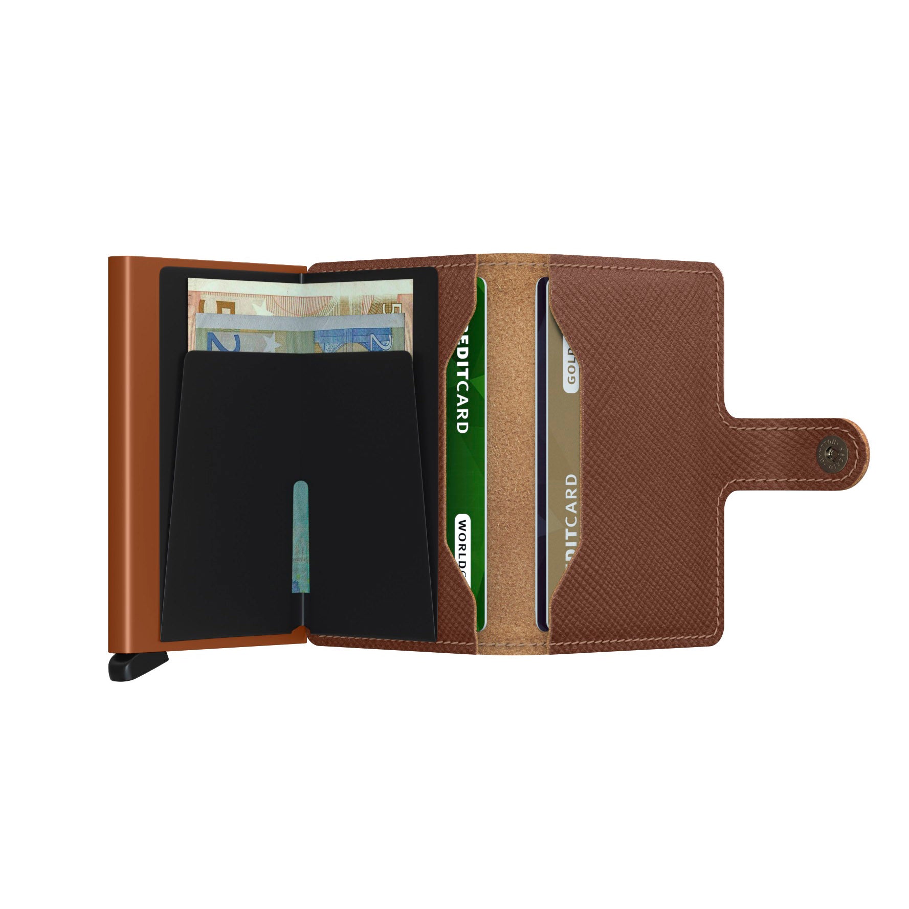 Secrid Miniwallet Saffiano│art. MSA-CARAMEL│Pasjeshouder│geopend met contant geld