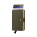 Secrid Miniwallet Saffiano│Pasjeshouder│art. MSA-OLIVE│voorkant met uitgeschoven pasjes en clip