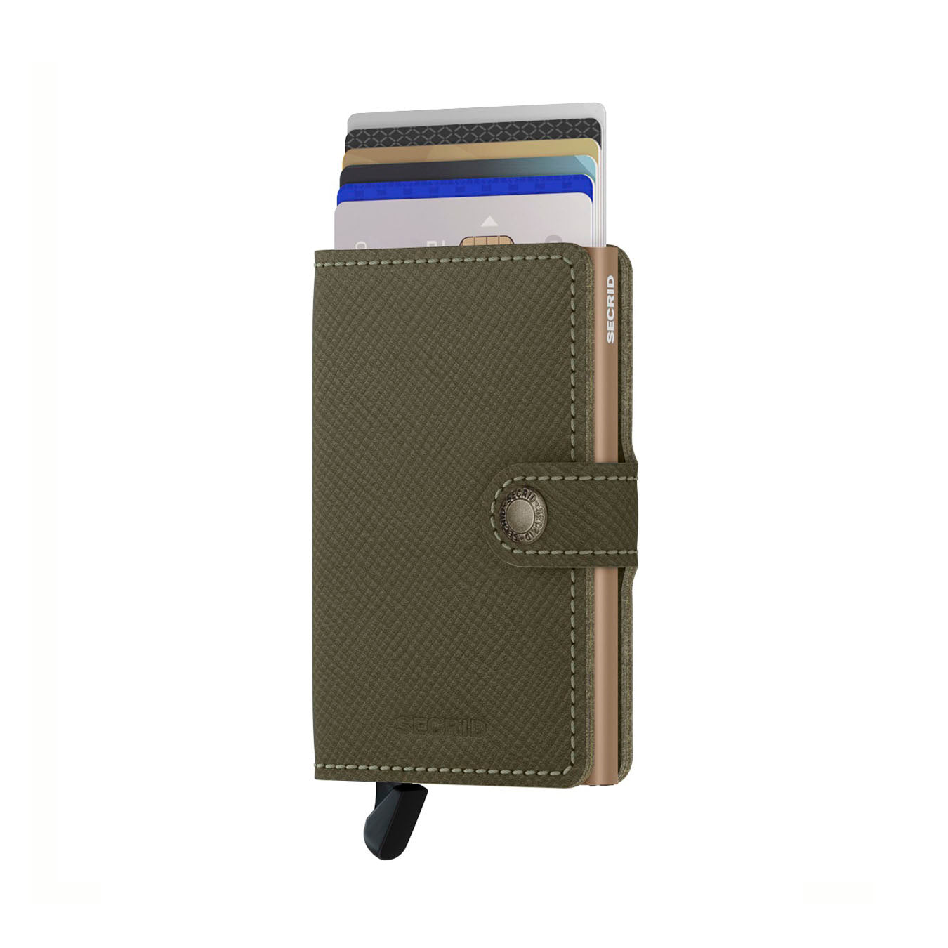Secrid Miniwallet Saffiano│Pasjeshouder│art. MSA-OLIVE│voorkant met uitgeschoven pasjes en clip
