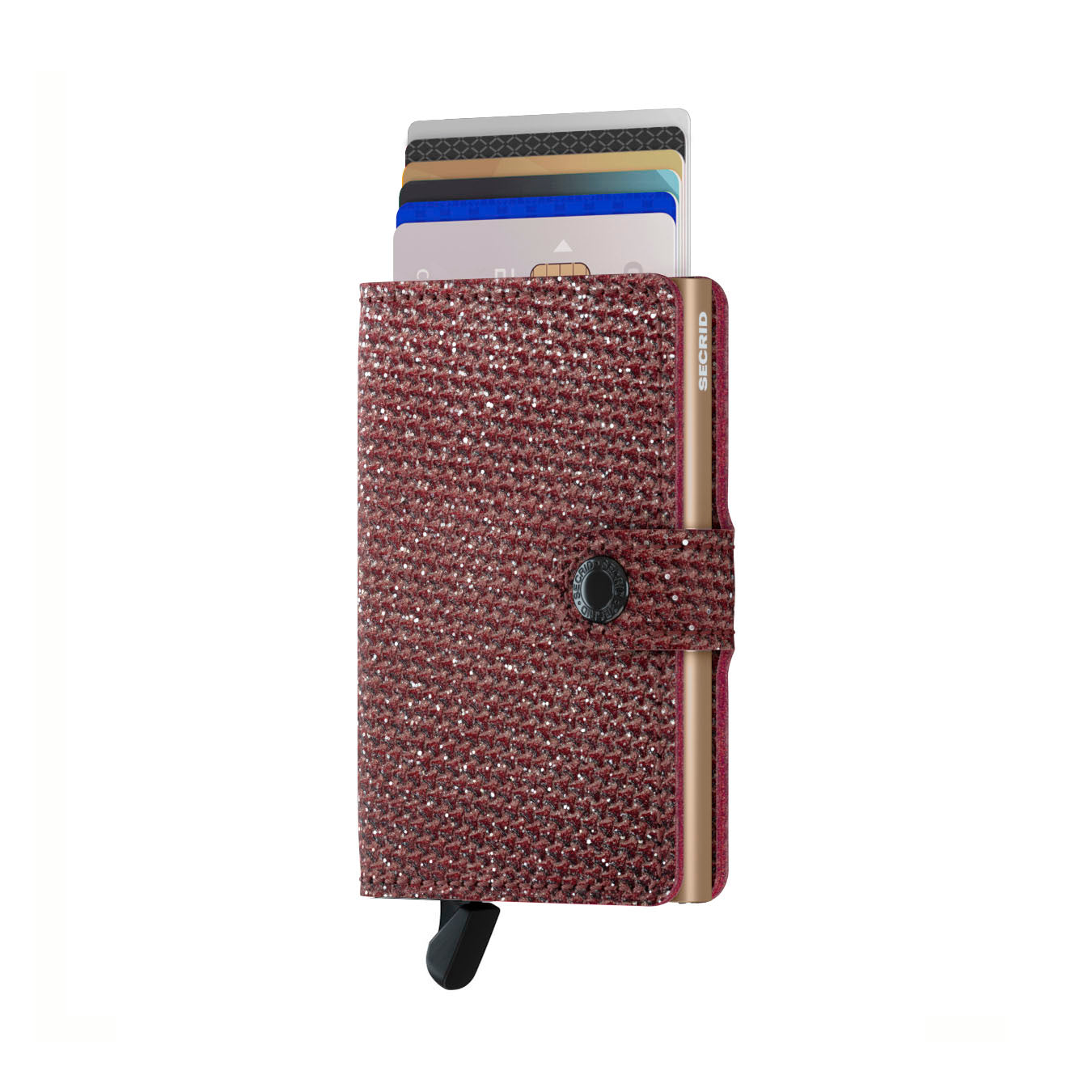 Secrid Miniwallet Sparkle│art. MSP-RED│pasjeshouder│voorkant met uitgeschoven pasjes en clip