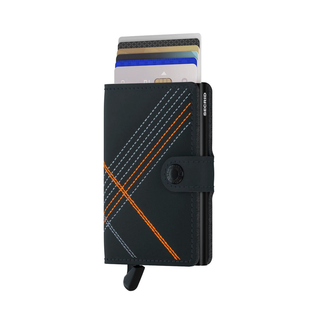Secrid Miniwallet Stich│art. MST-LINEA-Orange│Pasjeshouder│voorkant met uitgeschoven pasjes en clip