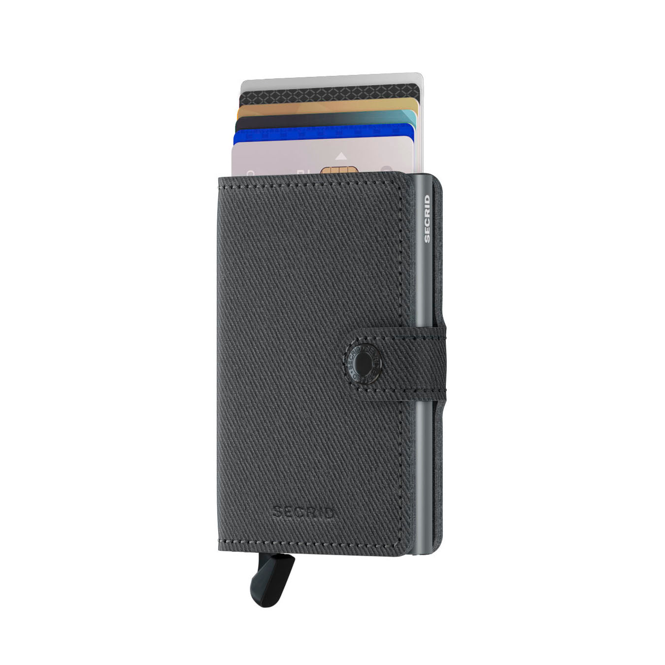 Secrid Miniwallet Twist│art. MTW-GREY│pasjeshouder│voorkant met uitgeschoven pasjes en clip
