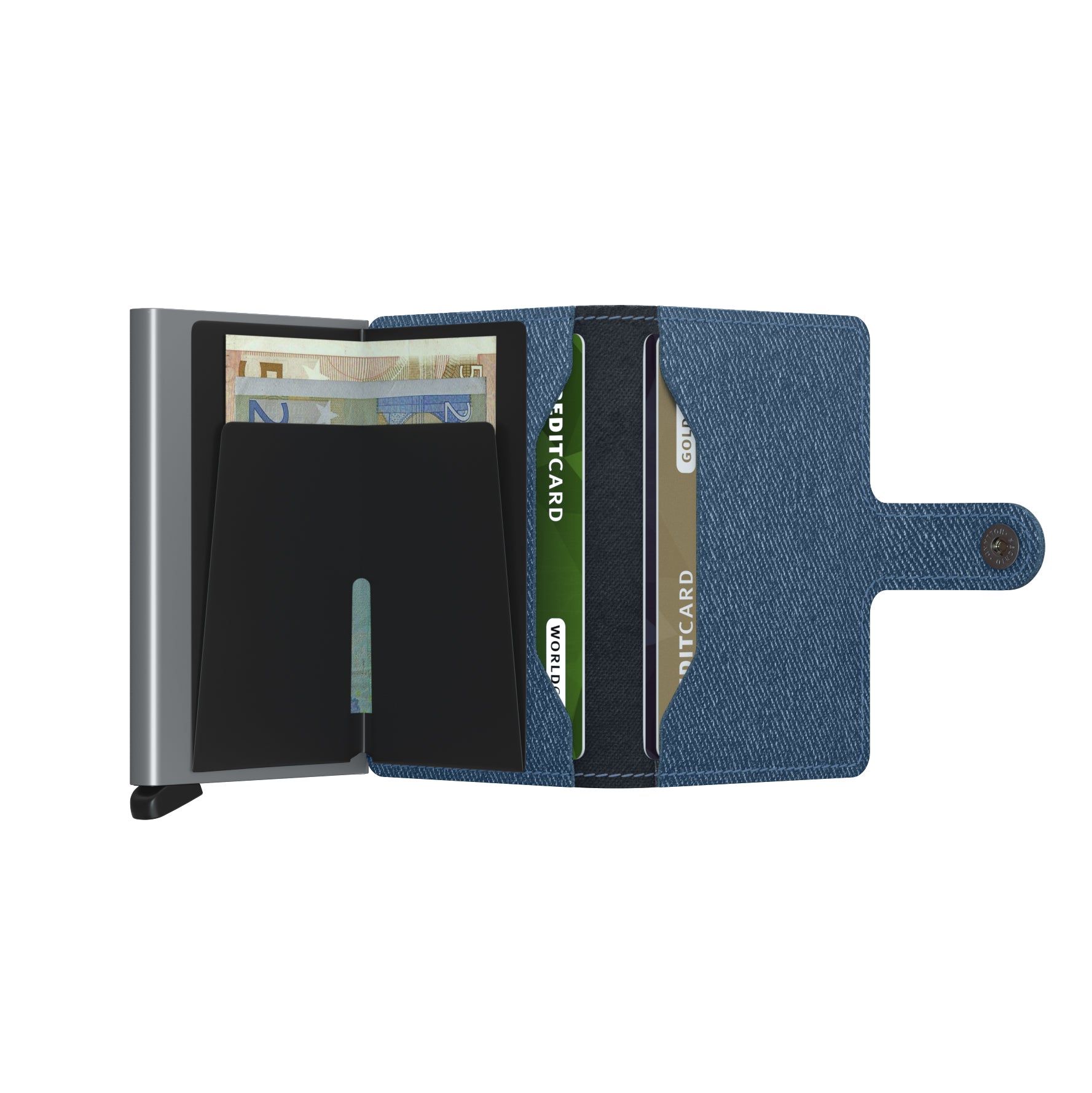 Secrid Miniwallet Twist│art. MTW-JEANS-BLUE││Pasjeshouder│geopend met contant geld