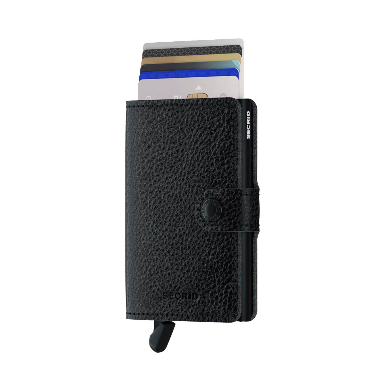 Secrid Miniwallet Veg│art. MVG-BLACK-BLACK│Pasjeshouder│voorkant met uitgeschoven pasjes en clip