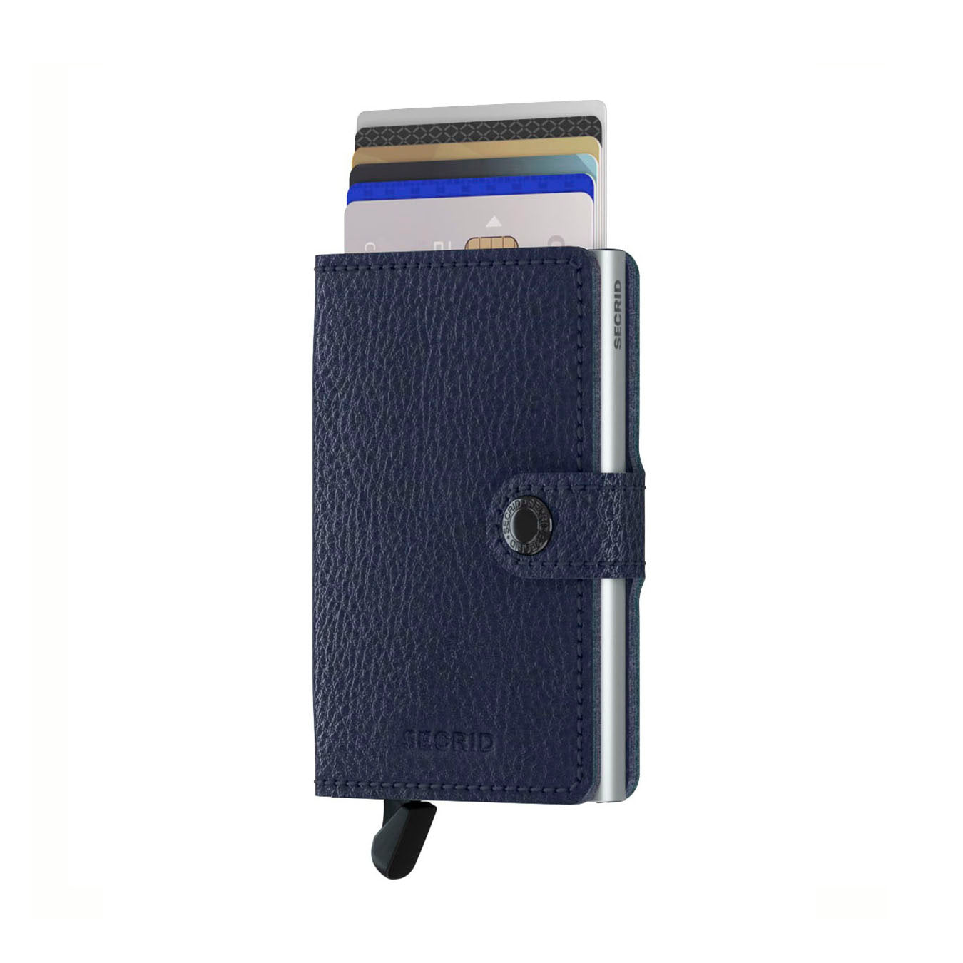 Secrid Miniwallet Veg│Pasjeshouder│art. MVG-NAVY-SILVER│voorkant met uitgeschoven pasjes en clip