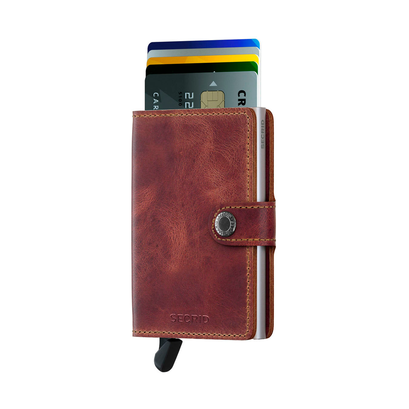 Secrid Miniwallet Vintage│art. MV-BROWN│Pasjeshouder en Portemonnee│vooraanzicht met uitgeschoven pasjes en clip