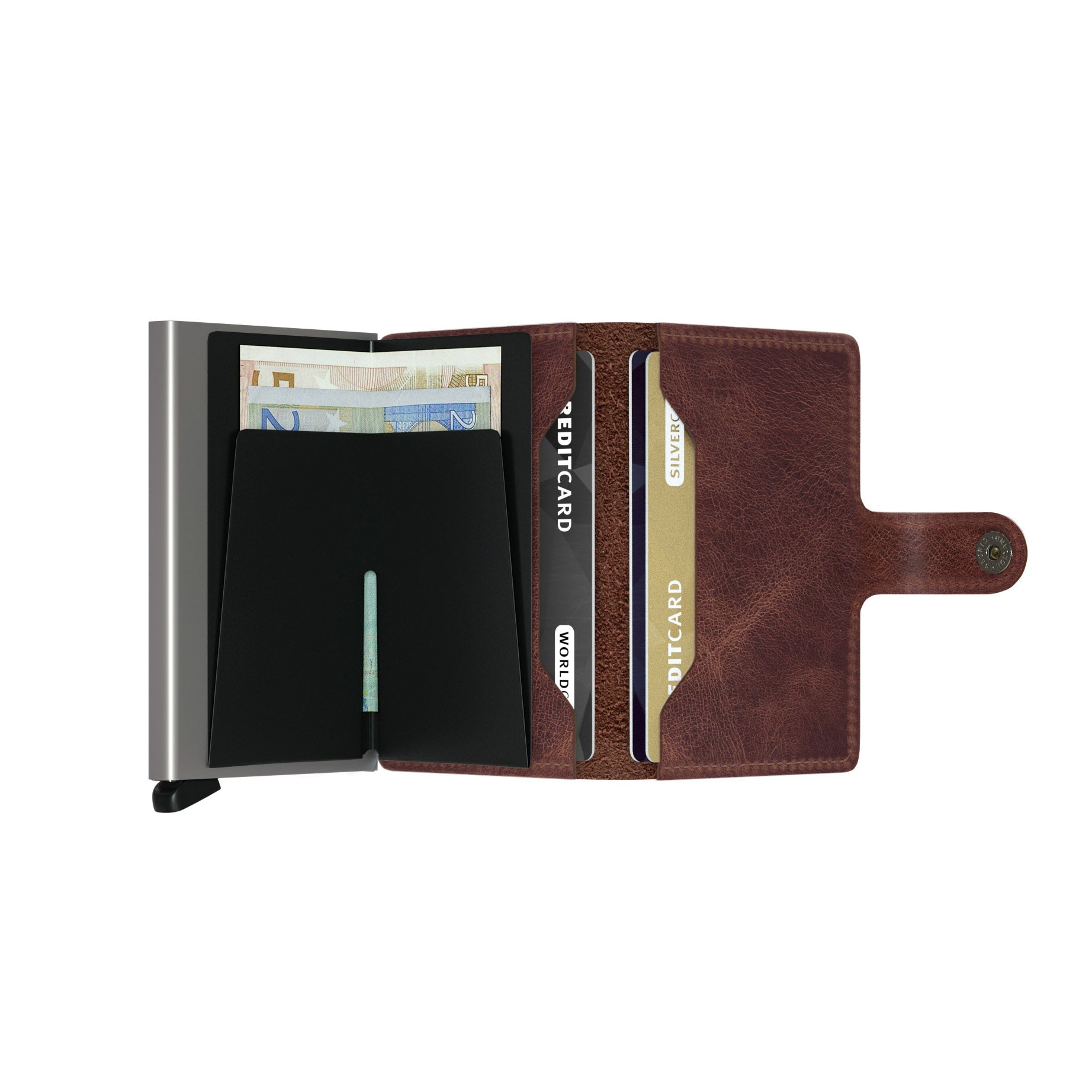 Secrid Miniwallet Vintage│art. MV-BROWN│Pasjeshouder│opengevouwen met contant geld