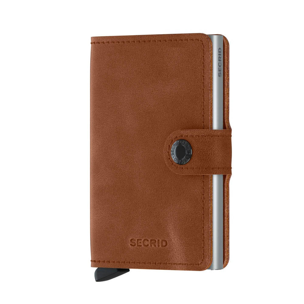 Secrid Miniwallet Vintage│art. MV-COGNAC&SILVER│Pasjeshouder en Portemonnee│vooraanzicht met witte achtergrond
