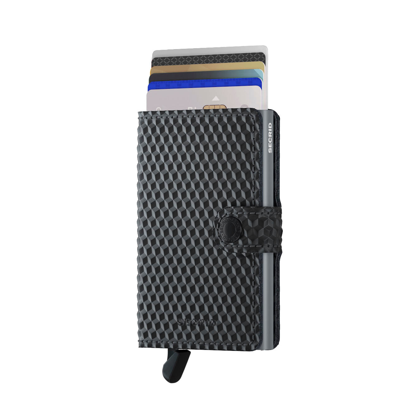 Secrid Miniwallet│Pasjeshouder│art. MCU-BLACK-TITANIUM│voorkant met uitgeschoven pasjes en clip