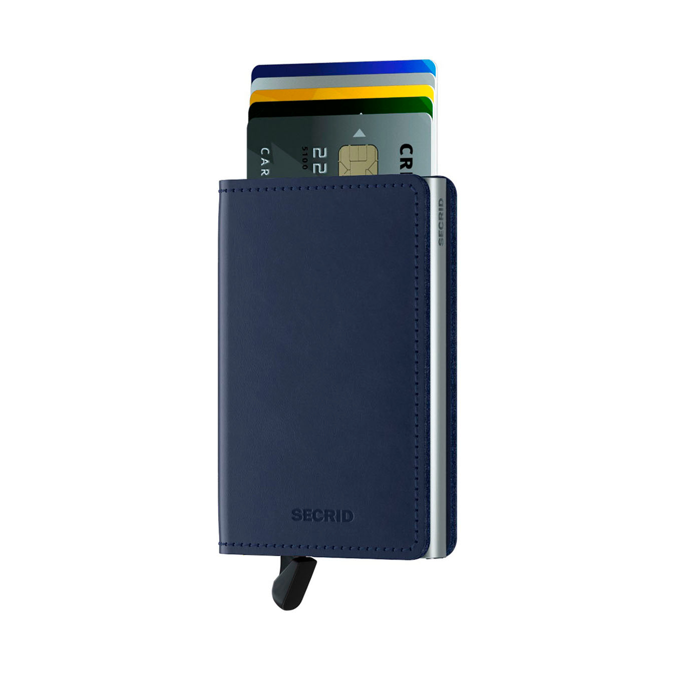 Secrid Slimwallet Original│art. SO-NAVY│Pasjeshouder│voorkant met ui8tgeschoven pasjes en clip