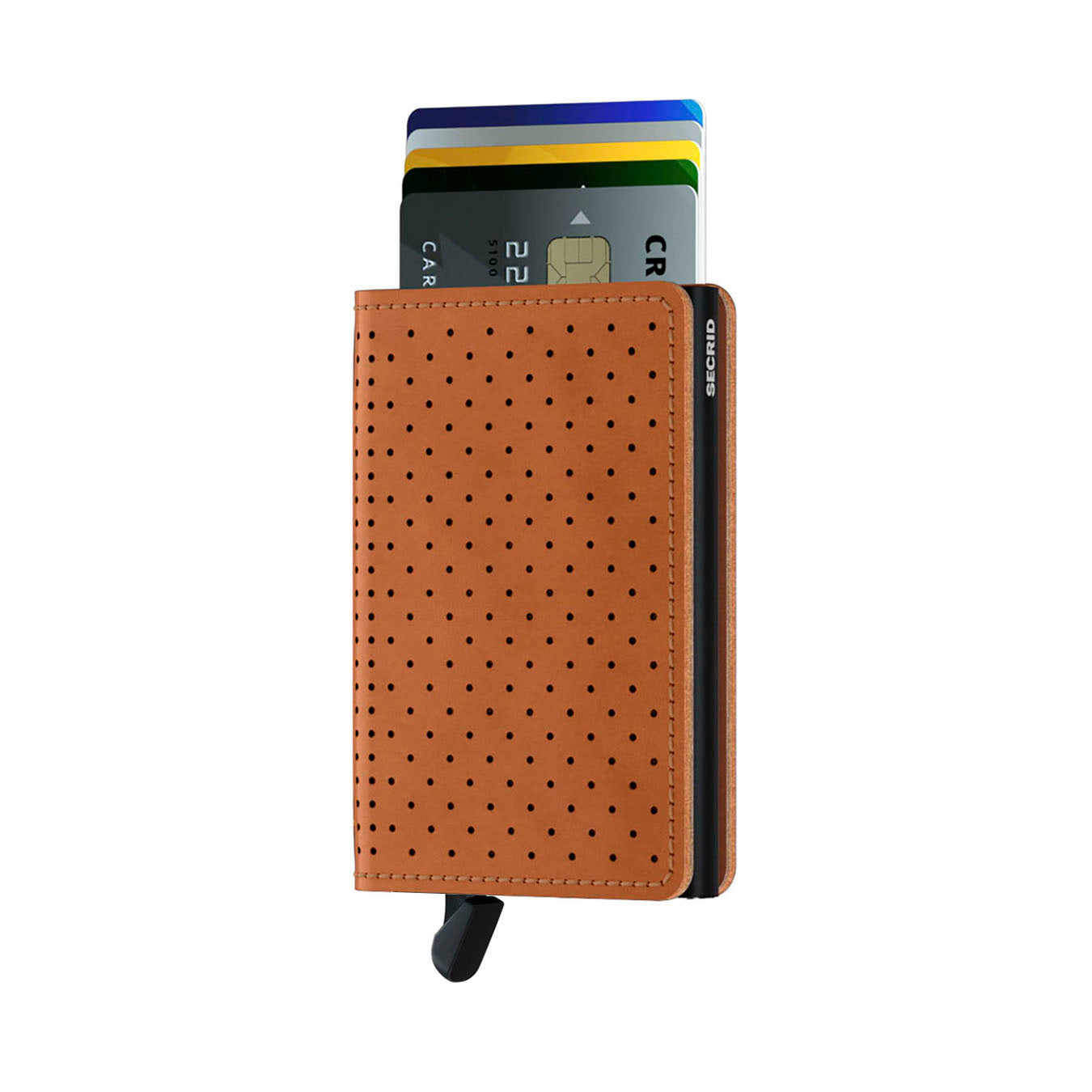 Secrid Slimwallet Perforated│art. SPF-COGNAC│Pasjeshouder│voorkant met uitgeschoven pasjes en clip