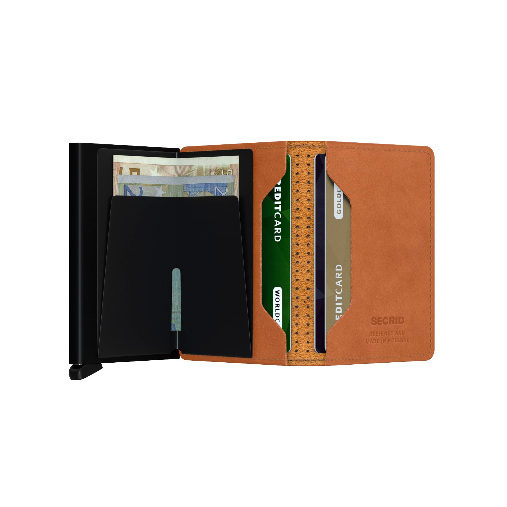 Secrid Slimwallet Perforated│art. SPF-COGNAC│Pasjeshouder│geopend met contant geld