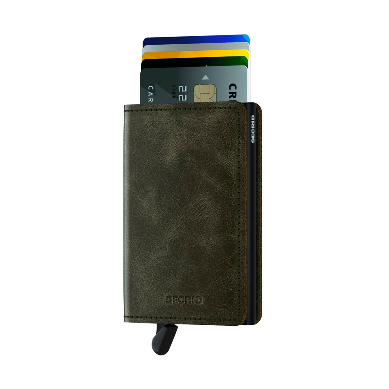 Secrid Slimwallet Vintage│art. SV-OLIVE-BLACK│Pasjeshouder│voorkant met uitgeschoven pasjes en clip