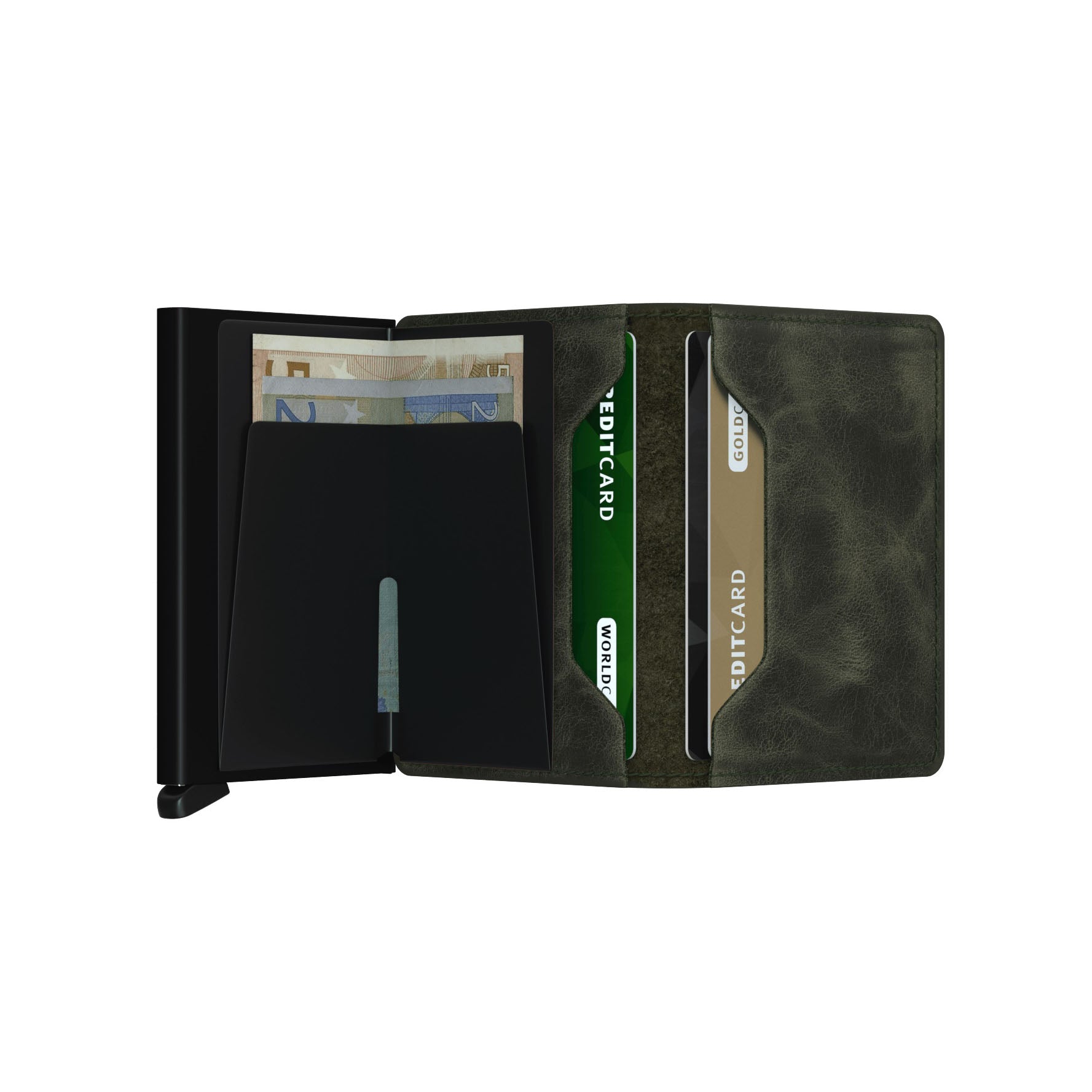 Secrid Slimwallet Vintage│art. SV-OLIVE-BLACK│Pasjeshouder│geopend met contant geld