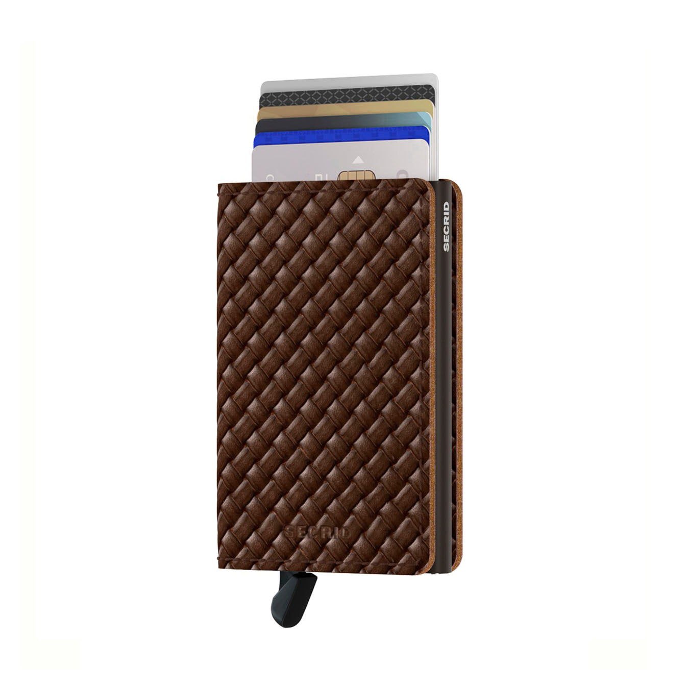 Secrid Slimwallet Basket│art. SBA-BROWN│Pasjeshouder│voorkant met uitgeschoven pasjes en clip