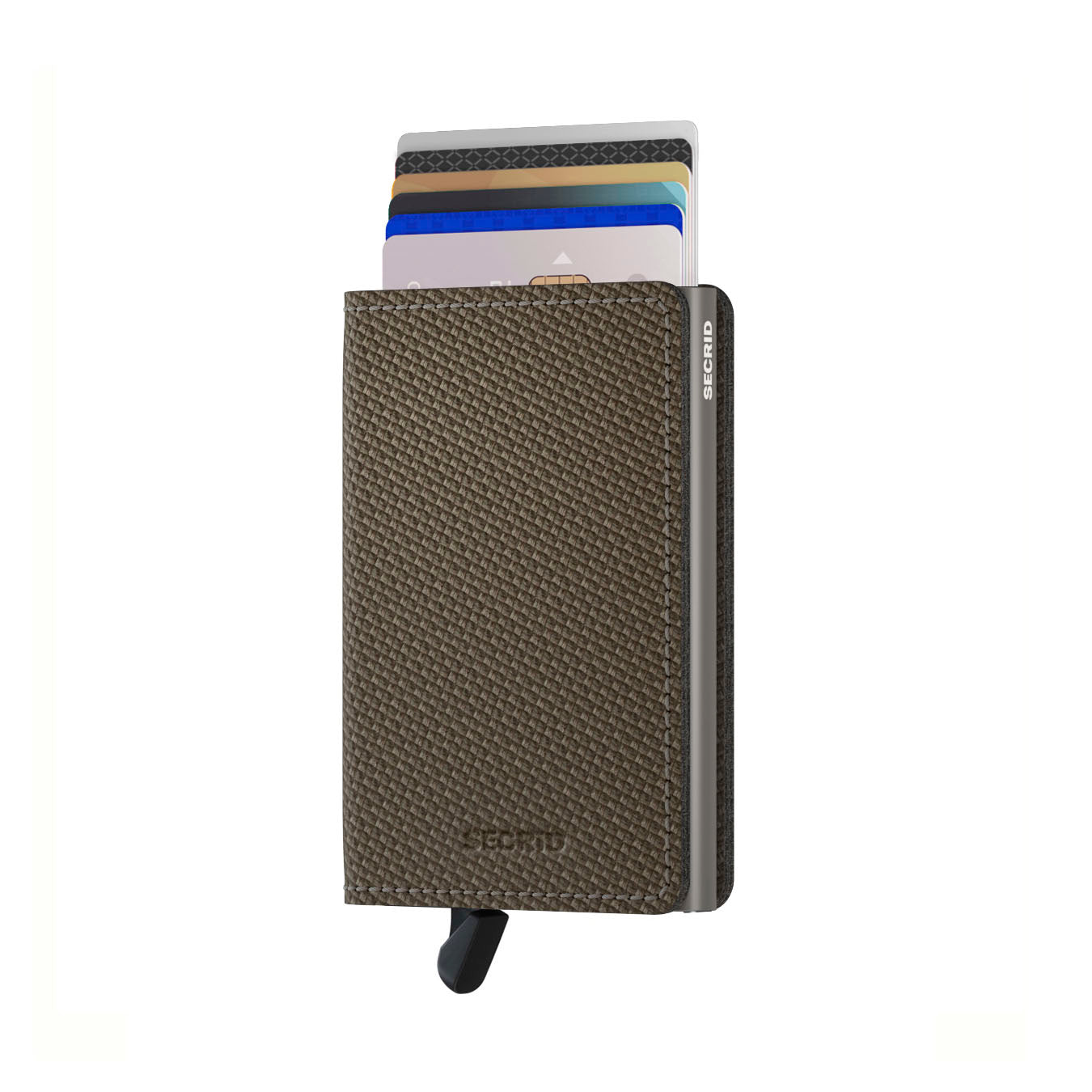 Secrid Slimwallet Carbon│art. SCA-KHAKI│pasjeshouder│voorkant met uitgeschoven pasjes en clip
