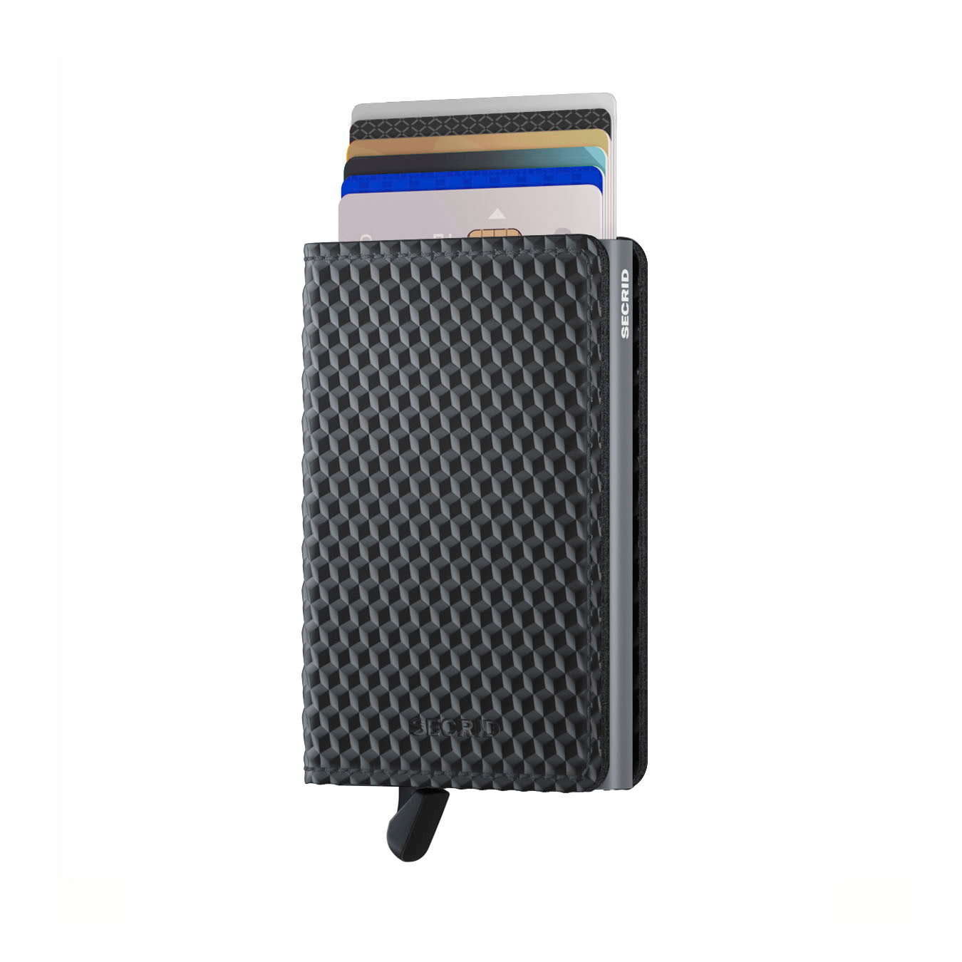 Secrid Slimwallet Cubic│art. SCU-BLACK-TITANIUM│Pasjeshouder│voorkant met uitgeschoven pasjes en clip
