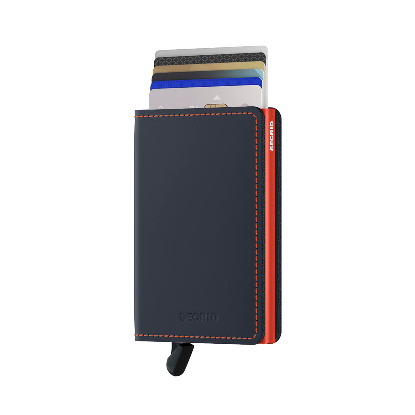 Secrid Slimwallet Matte│art. SM-NIGHTBLUE&ORANGE│Pasjeshouder│voorkant met uitgeschoven pasjes en clip