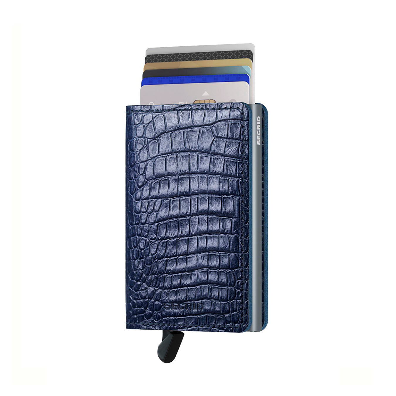 Secrid Slimwallet Nile│art. SN-BLUE│Pasjeshouder│voorkant met uitgescoven pasjes en clip