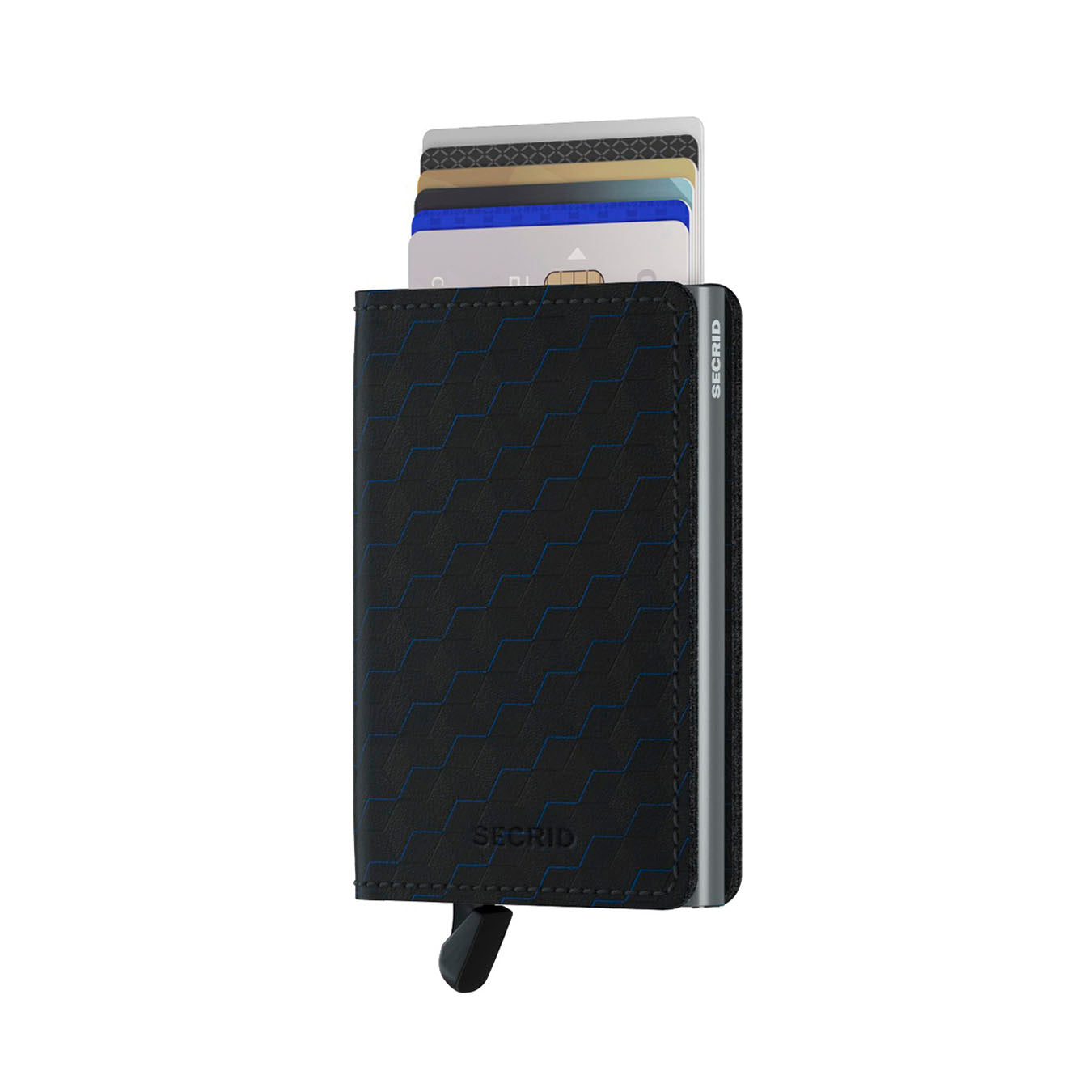 Secrid Slimwallet Optical│art. SOP-BLACK-TITANIUM│Pasjeshouder│voorkant met uitgeschoven pasjes en clip
