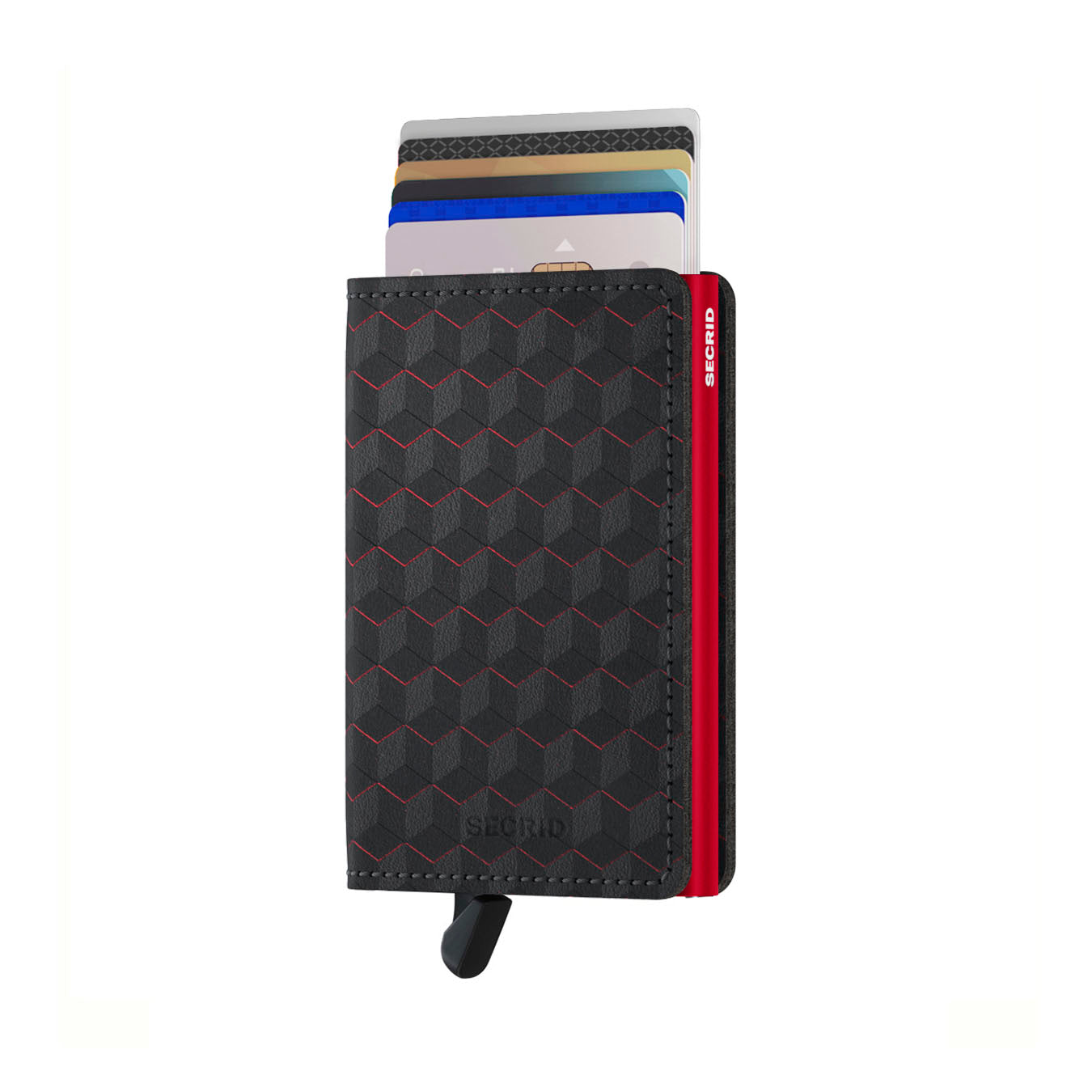 Secrid Slimwallet Optical│art. SOP-BLACK-RED│Pasjeshouder│voorkant met uitgeschoven pasjes en clip
