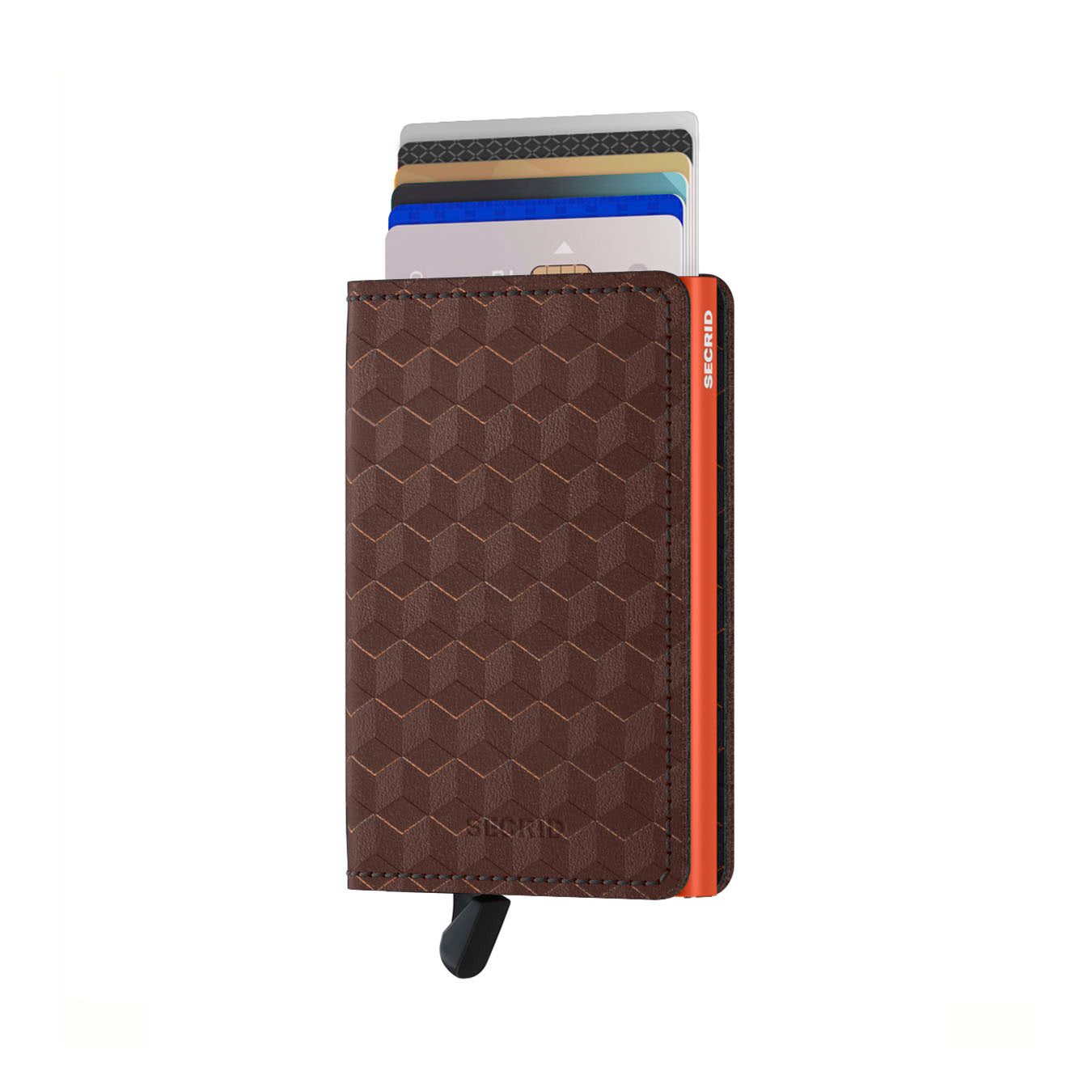 Secrid Slimwallet Optical│art. SOP-BROWN-ORANGE│Pasjeshouder│voorkant met uitgeschoven pasjes en clip