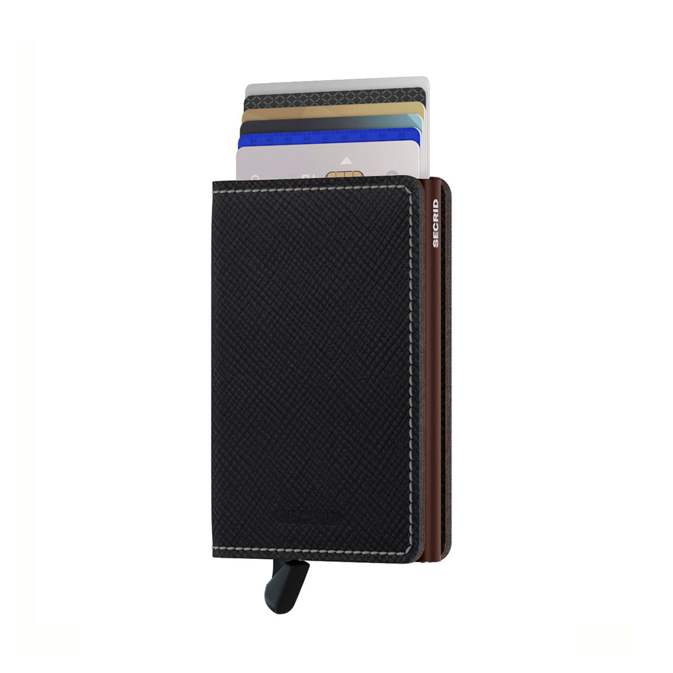 Secrid Slimwallet Saffiano│art. SSA-BROWN│Pasjeshouder│voorkant met uitgeschoven pasjes en clip