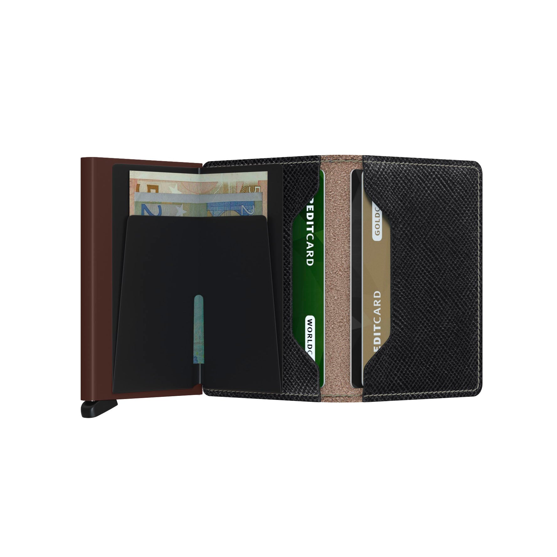 Secrid Slimwallet Saffiano│art. SSA-BROWN│Pasjeshouder│open met contant geld