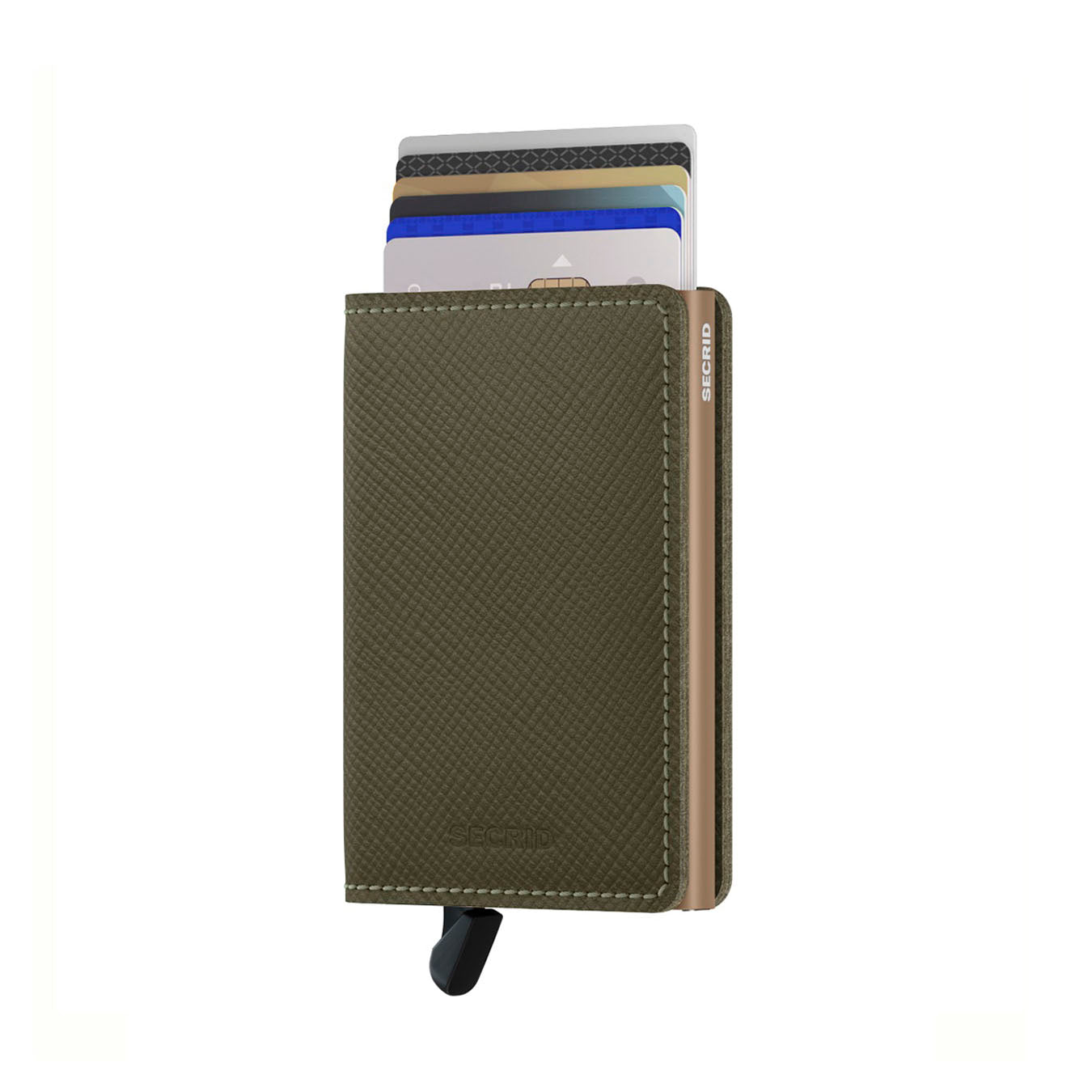 Secrid Slimwallet Saffiano│art. SSA-OLIVE│Pasjeshouder│voorkant met uitgeschoven pasjes en clip