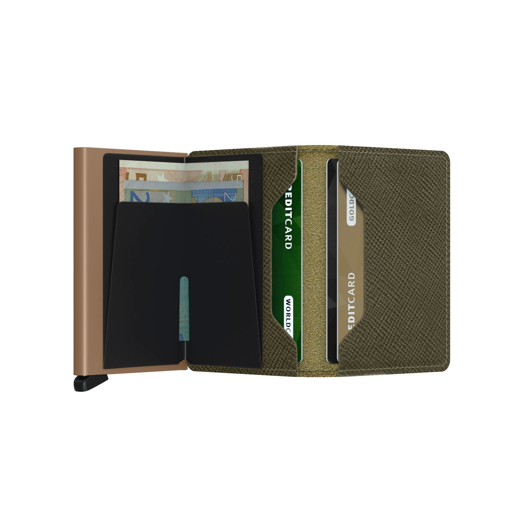 Secrid Slimwallet Saffiano│art. SSA-OLIVE│Pasjeshouder│geopend met contant geld