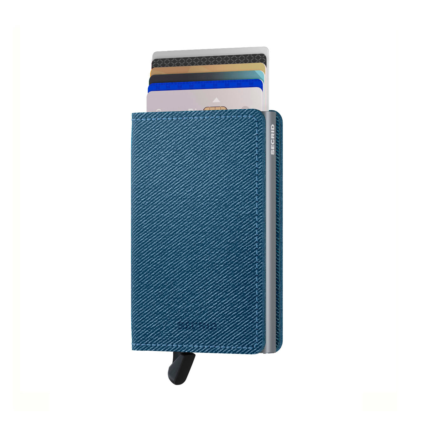 Secrid Slimwallet Twist│art. STW-JEANS-BLUE│Pasjeshouder│voorkant met uitgeschoven pasjes en clip