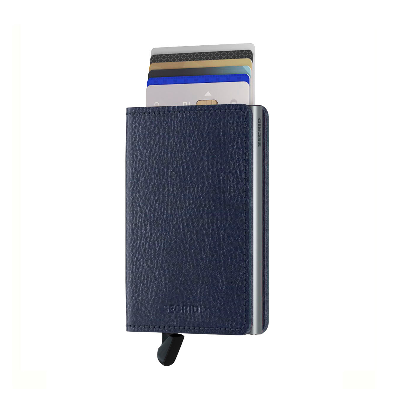 Secrid Slimwallet Veg│art. SVG-NAVY-SILVER│Pasjeshouder│voorkant met uitgeschoven pasjes en clip