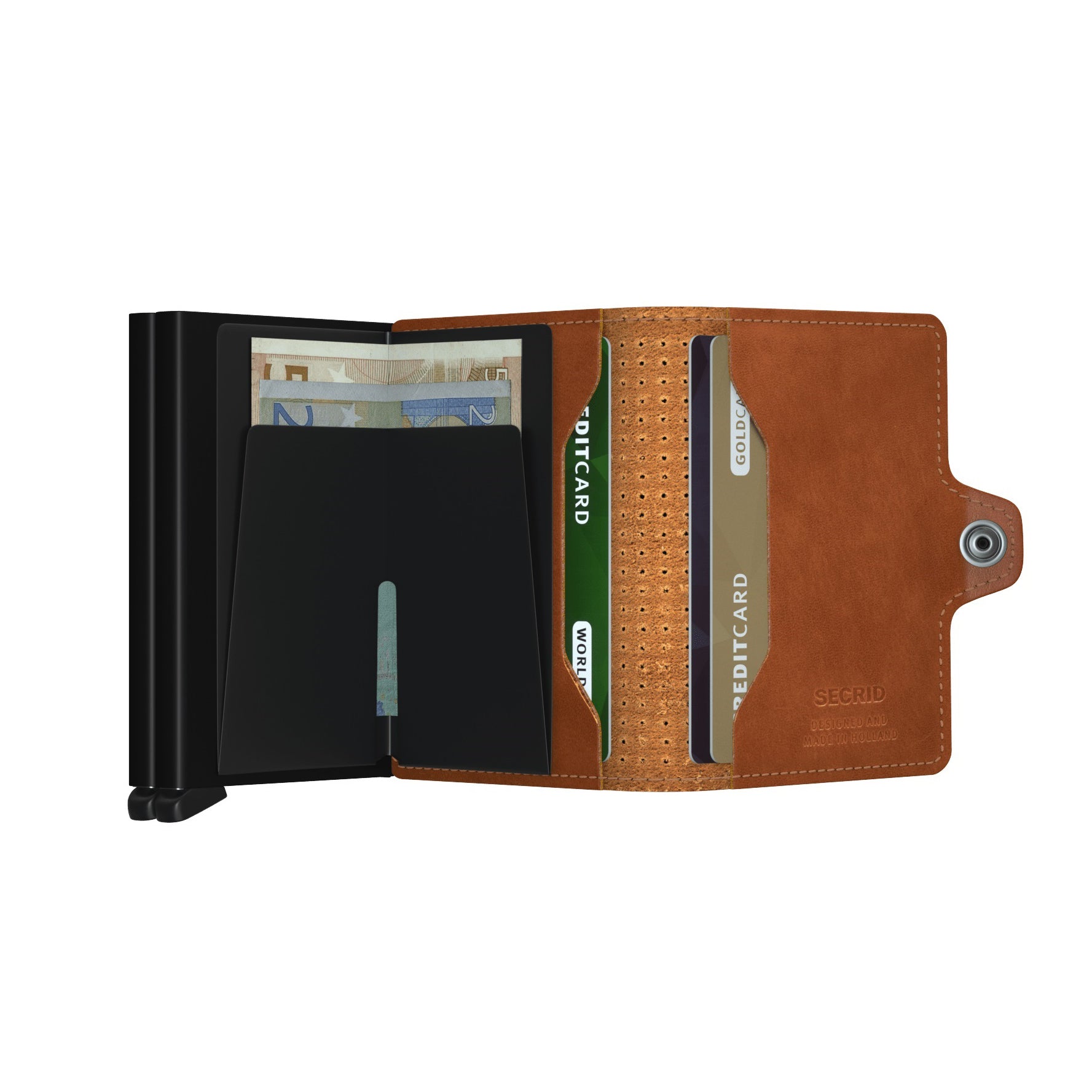 Secrid Twinwallet Perforated│art. TPF-COGNAC│Pasjeshouder│open met contant geld