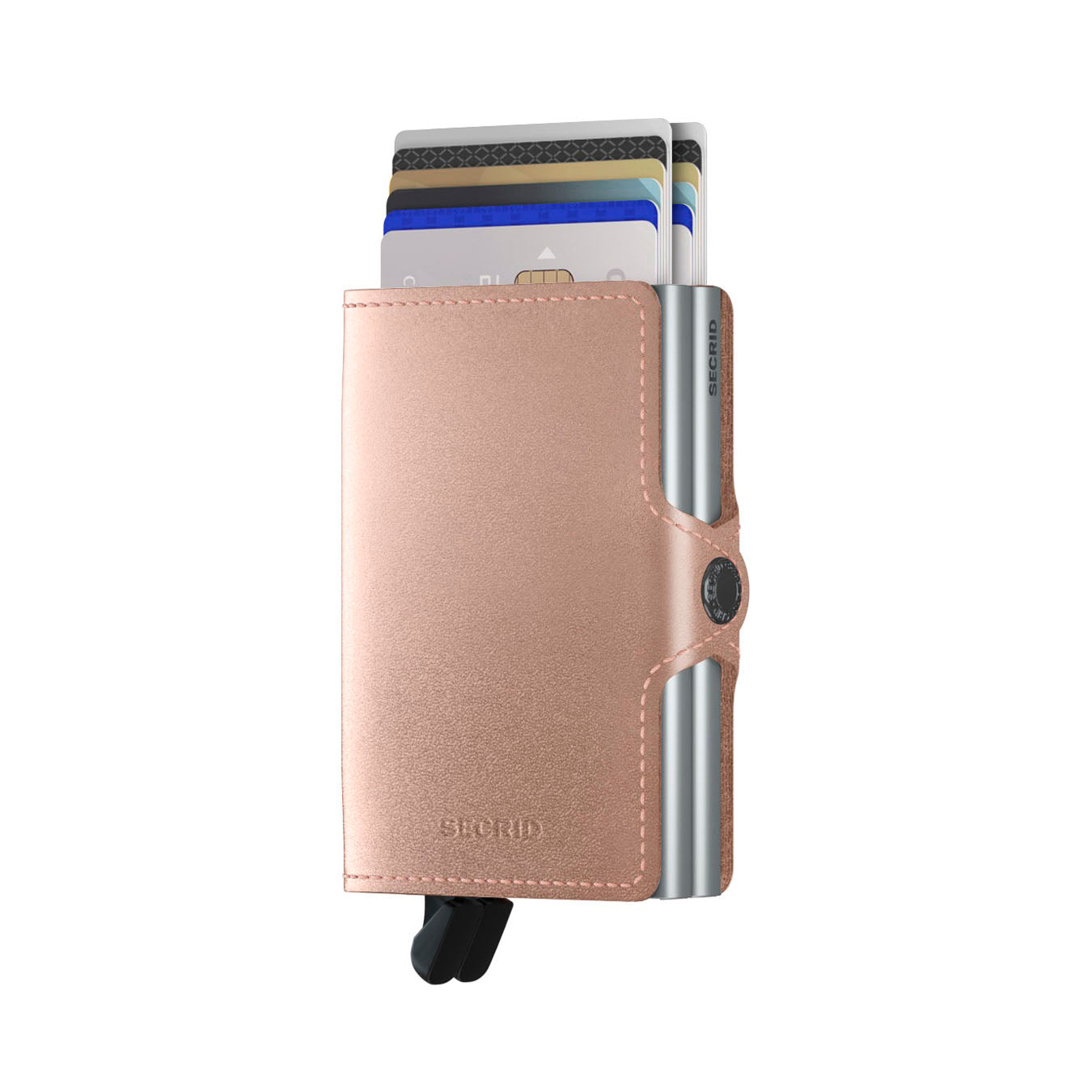 Secrid Twinwallet Metallic│art. TME-ROSE│Pasjeshouder│voorkant met uitgeschoven pasjes en clip