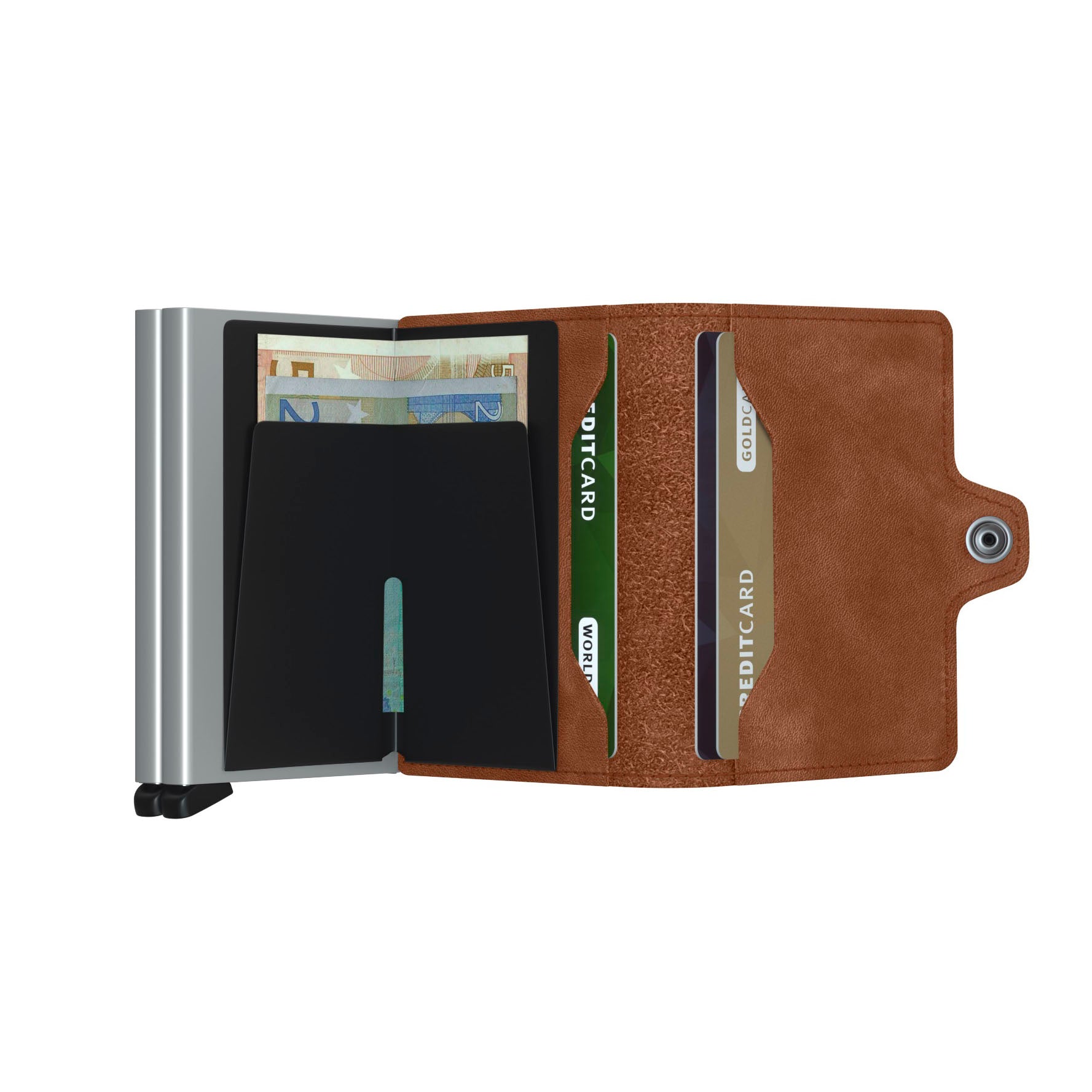 Secrid Twinwallet Vintage│art. TV-COGNAC-SILVER│Pasjeshouder│geopend met contant geld
