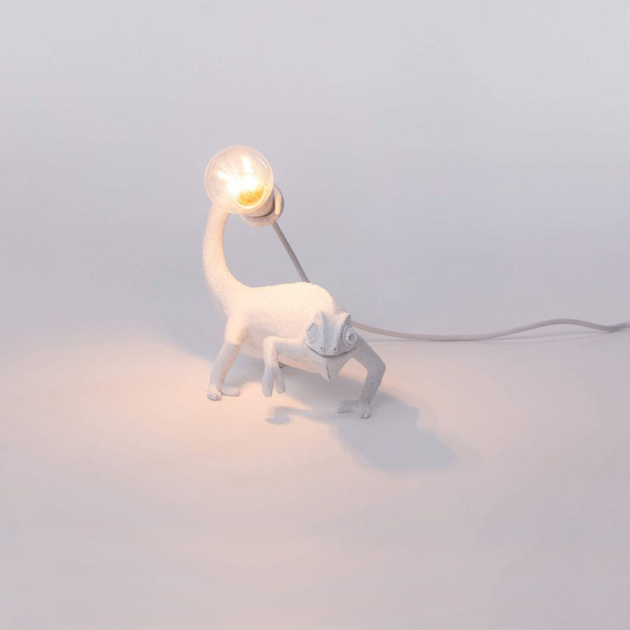 De Chameleon Lamp is ontworpen door Marcantonio voor het designlabel Seletti. Deze speelse lamp in de vorm van een kameleon is uitgevoerd in 3 versies: een staande voor op tafel en twee wandversies. Nieuwe USB-versie, geschikt voor USB-poort en stopcontact met meegeleverde stekker.