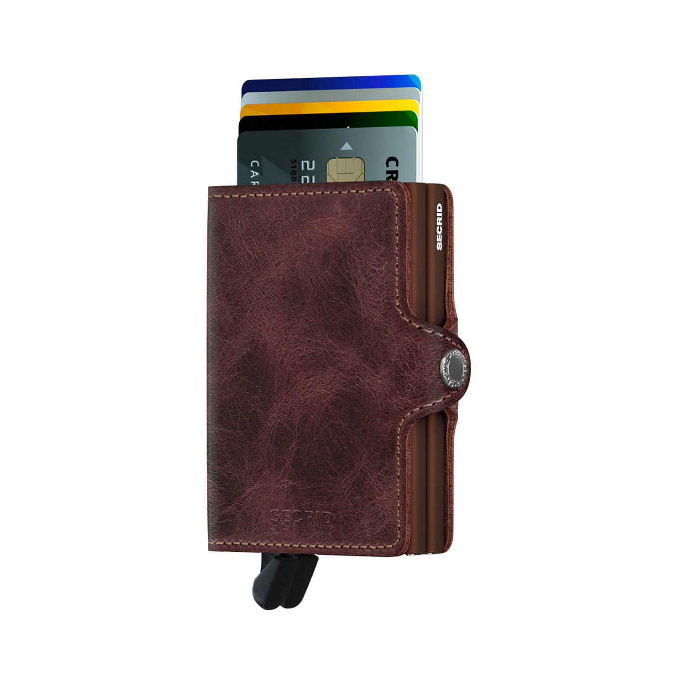 Secrid Twinwallet Vintage│art. TV-CHOCOLAT│Pasjeshouder│voorkant met uitgeschoven pasjes en clip