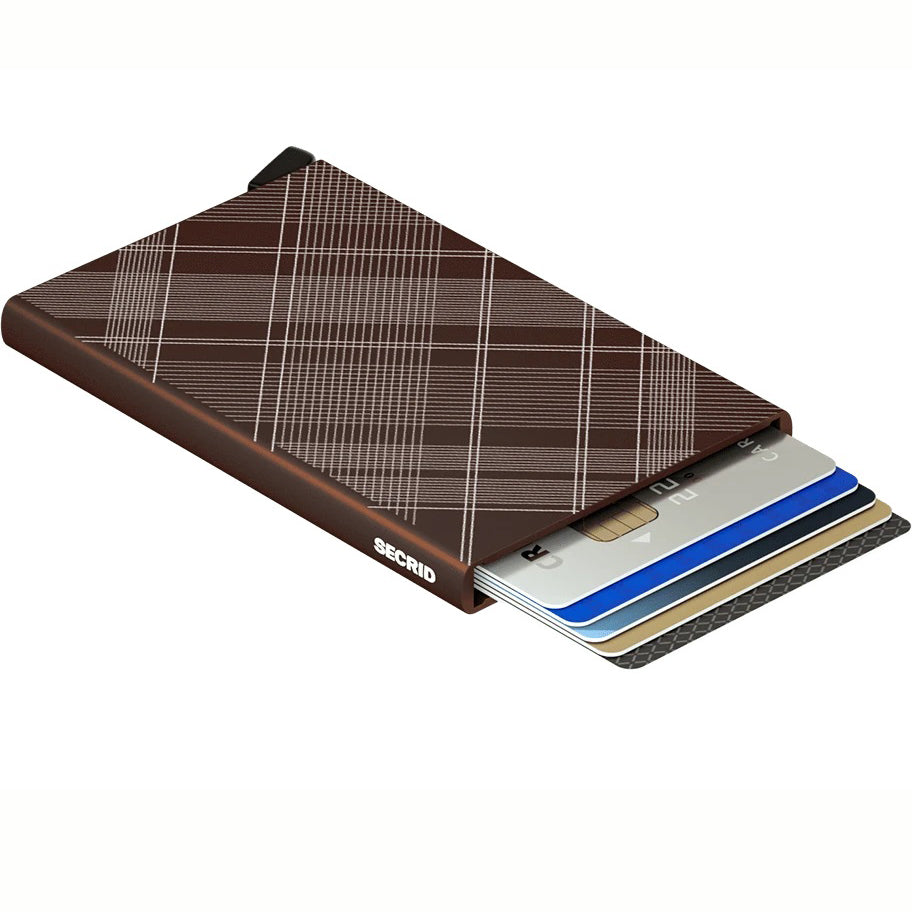 Secrid Cardprotector Laser│art. CLA-TARTAN BROWN│Pasjeshouder Aluminium│bovenaanzicht met uitgeschoven pasjes