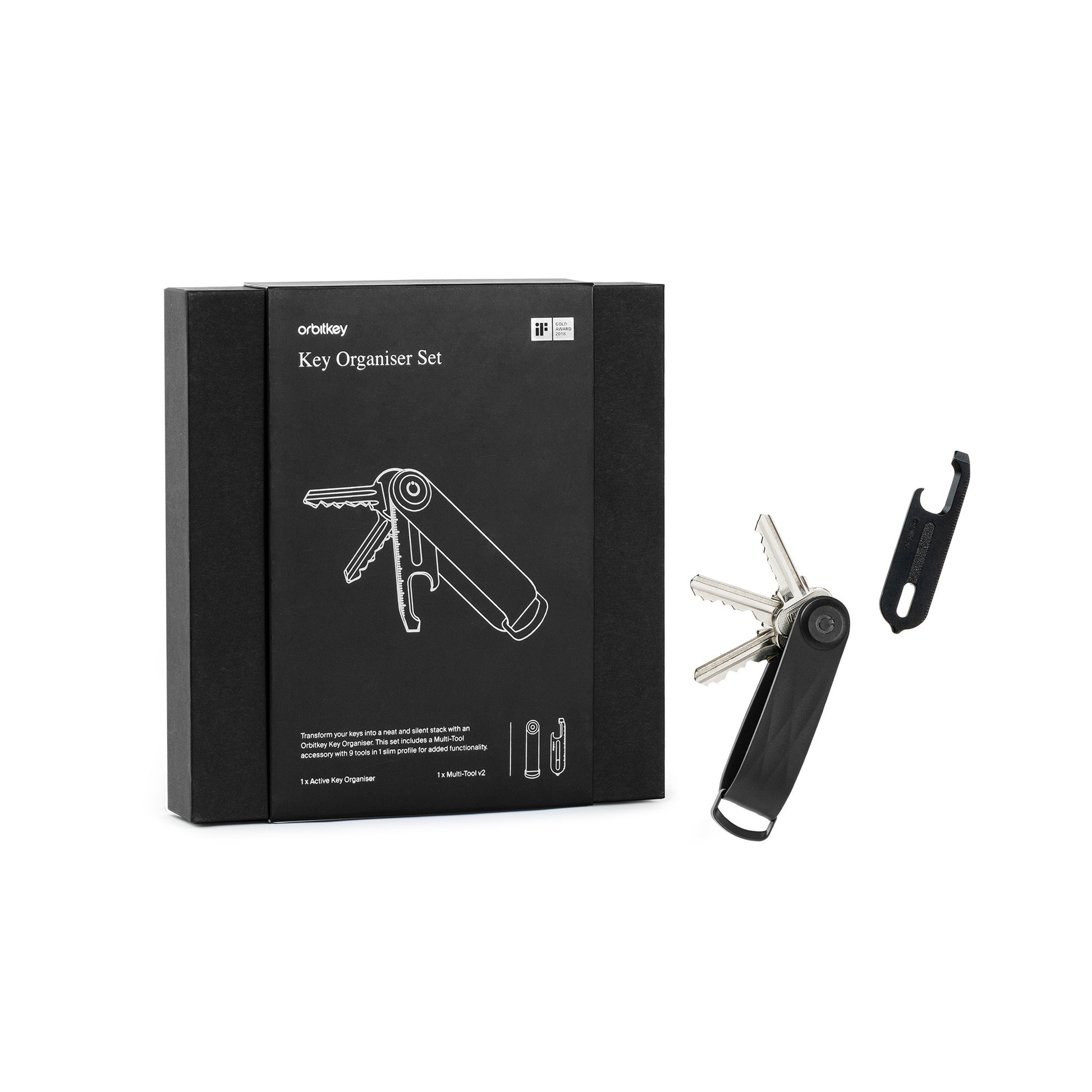 Orbit Key Gift Set All Black Active│Key Organizer + Multitool│art. GAT2-BLK-201│foto naast doos