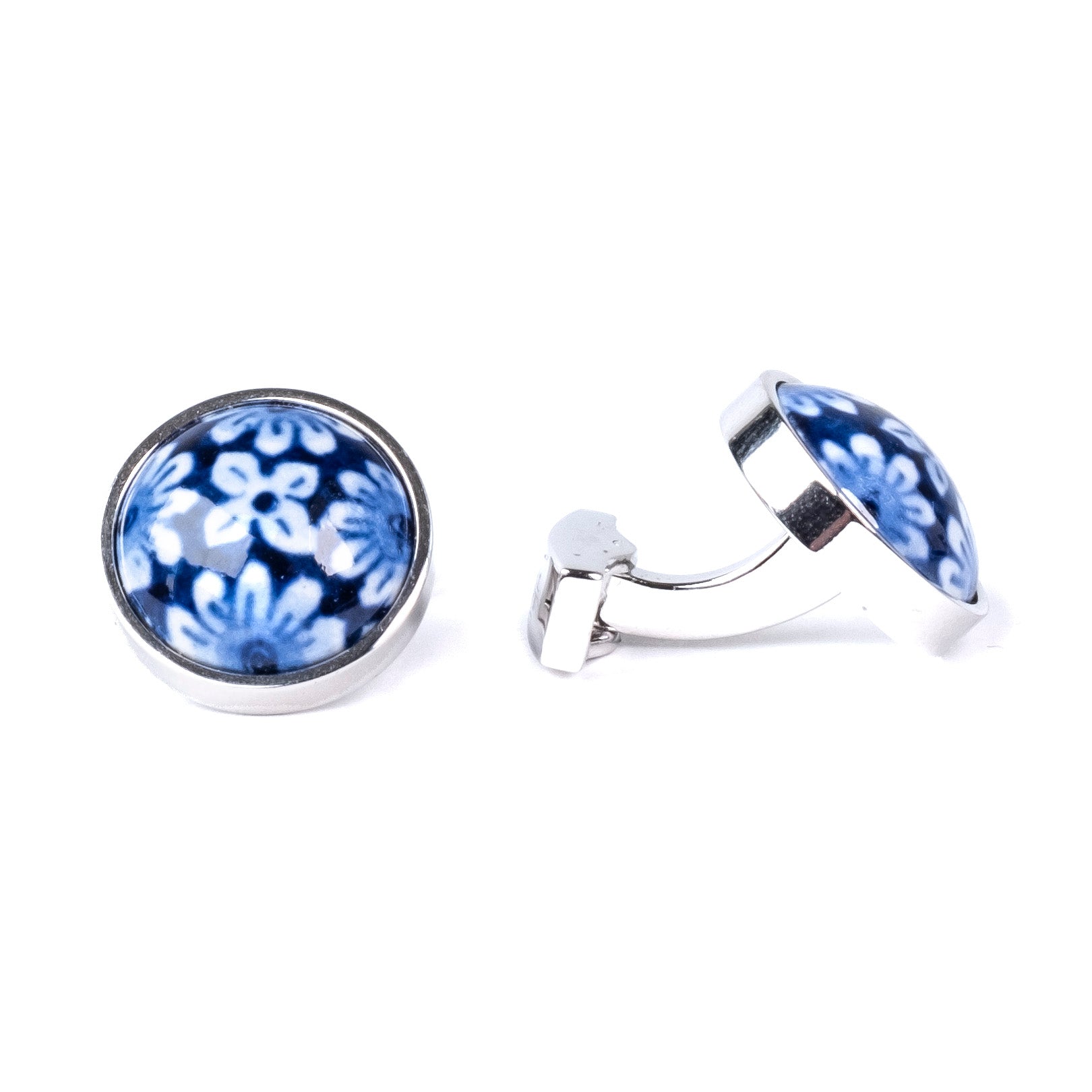 Manchetknopen Royal Delft│Rond Bloem│Delfts Blauw│voorkant en zijkant