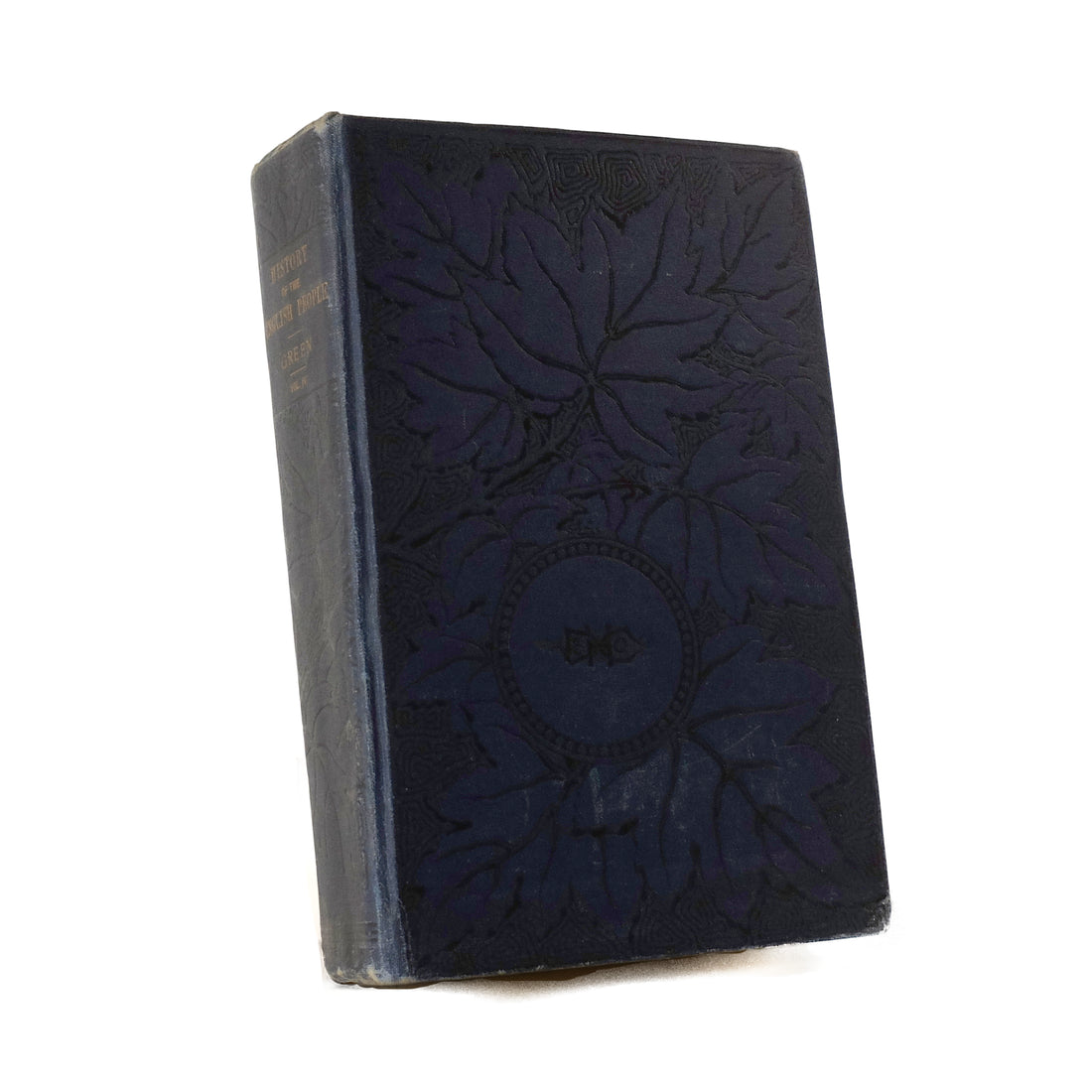 About Blanks notitieboek van de donkerblauwe skai kaft met bladprint van History of the English People van J.R. Green, vooraanzicht schuin