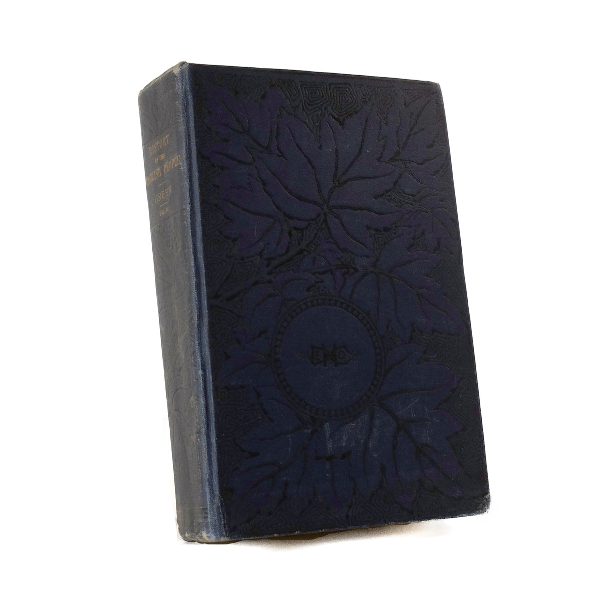 About Blanks notitieboek van de donkerblauwe skai kaft met bladprint van History of the English People van J.R. Green, vooraanzicht schuin