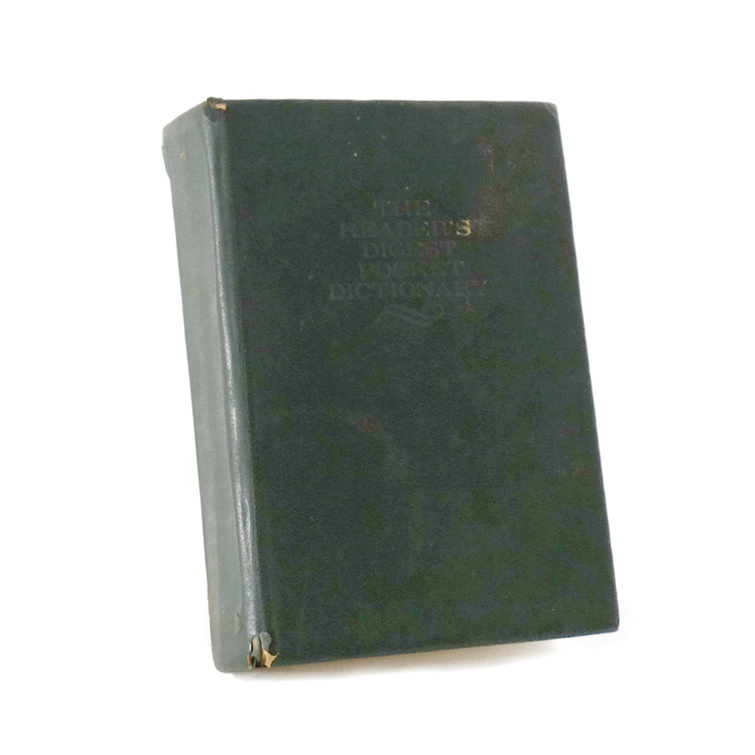 About Blanks notitieboek van de groene kaft van een Reader's Digest zakwoordenboek, vooraanzicht schuin
