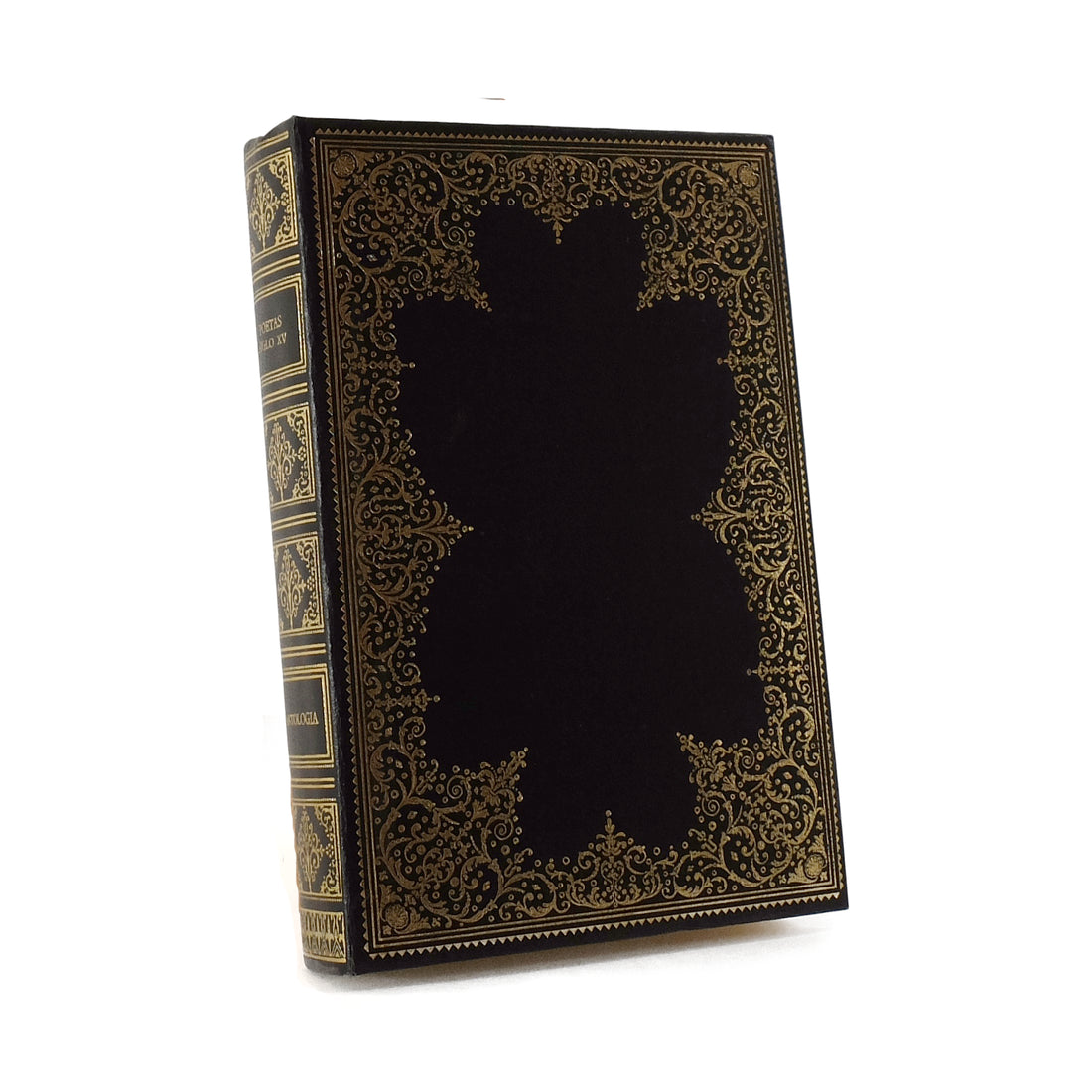 About Blanks notitieboek van de zwarte skai kaft met gouden ornamenten van Poetas Siglo XV, vooraanzicht schuin